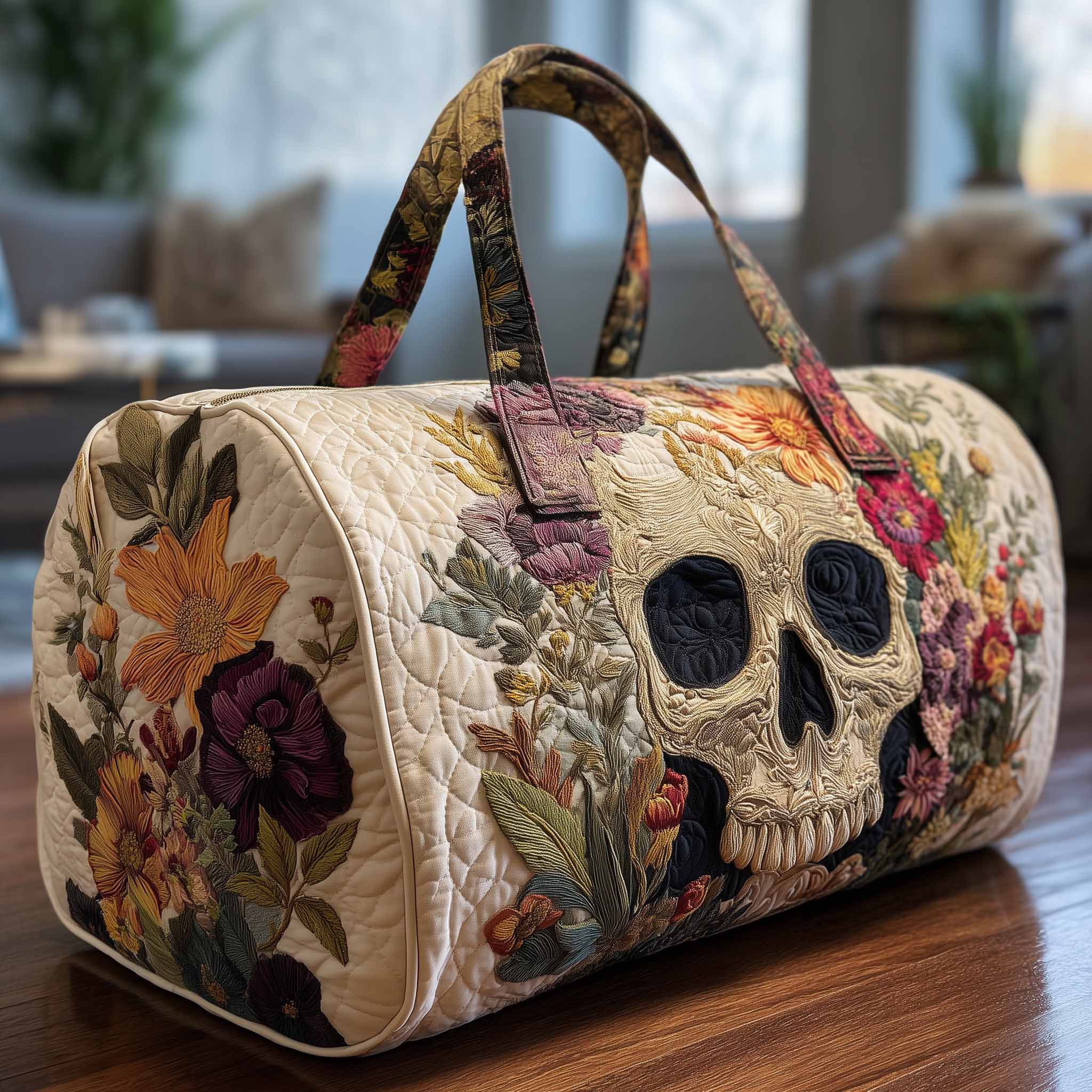 Floral Skull Quilted Duffle Bag Stylish And Practical