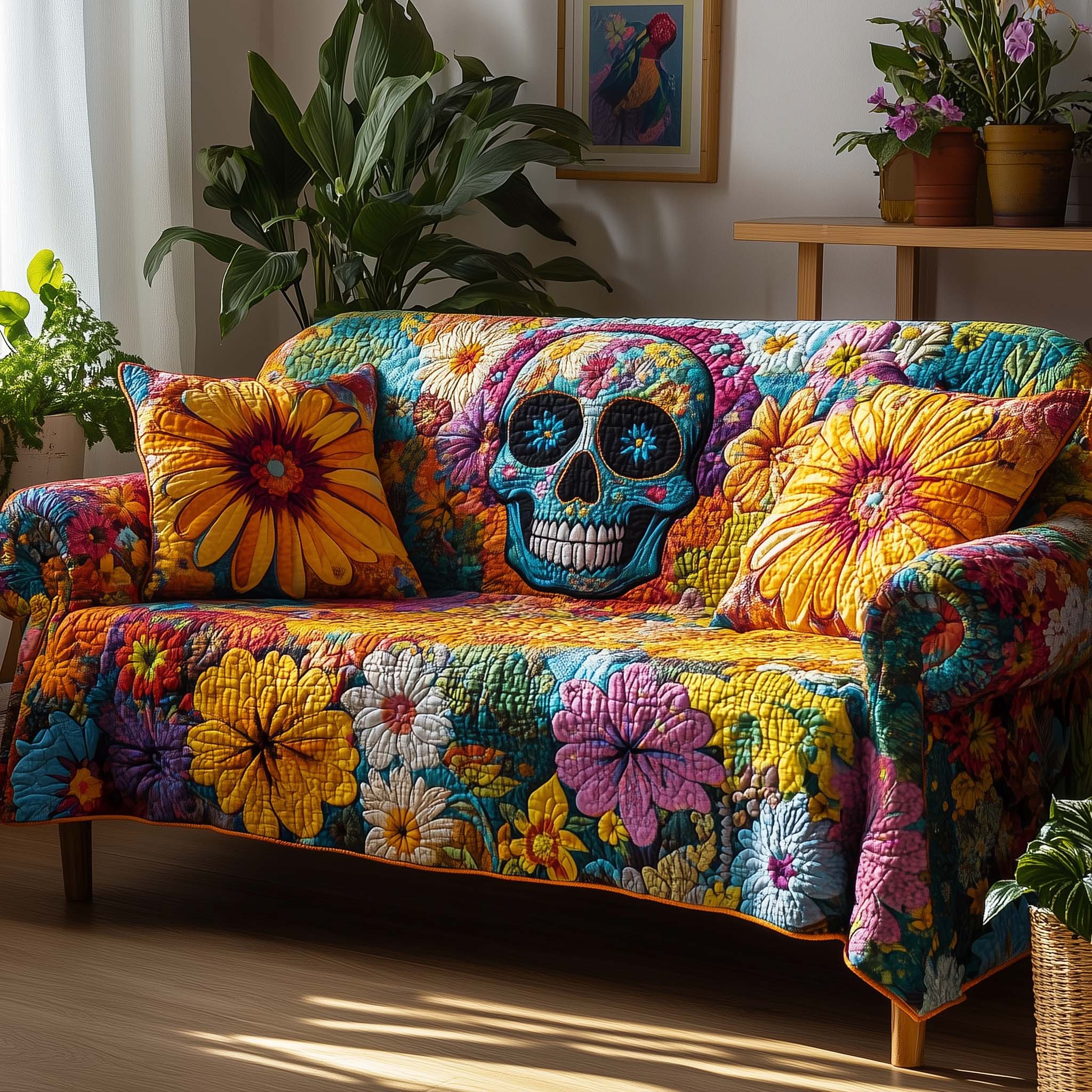 Floral Skull Rebirth Quilted Sofa Cover Flower Crown Design Skull Cover Themed Gifts