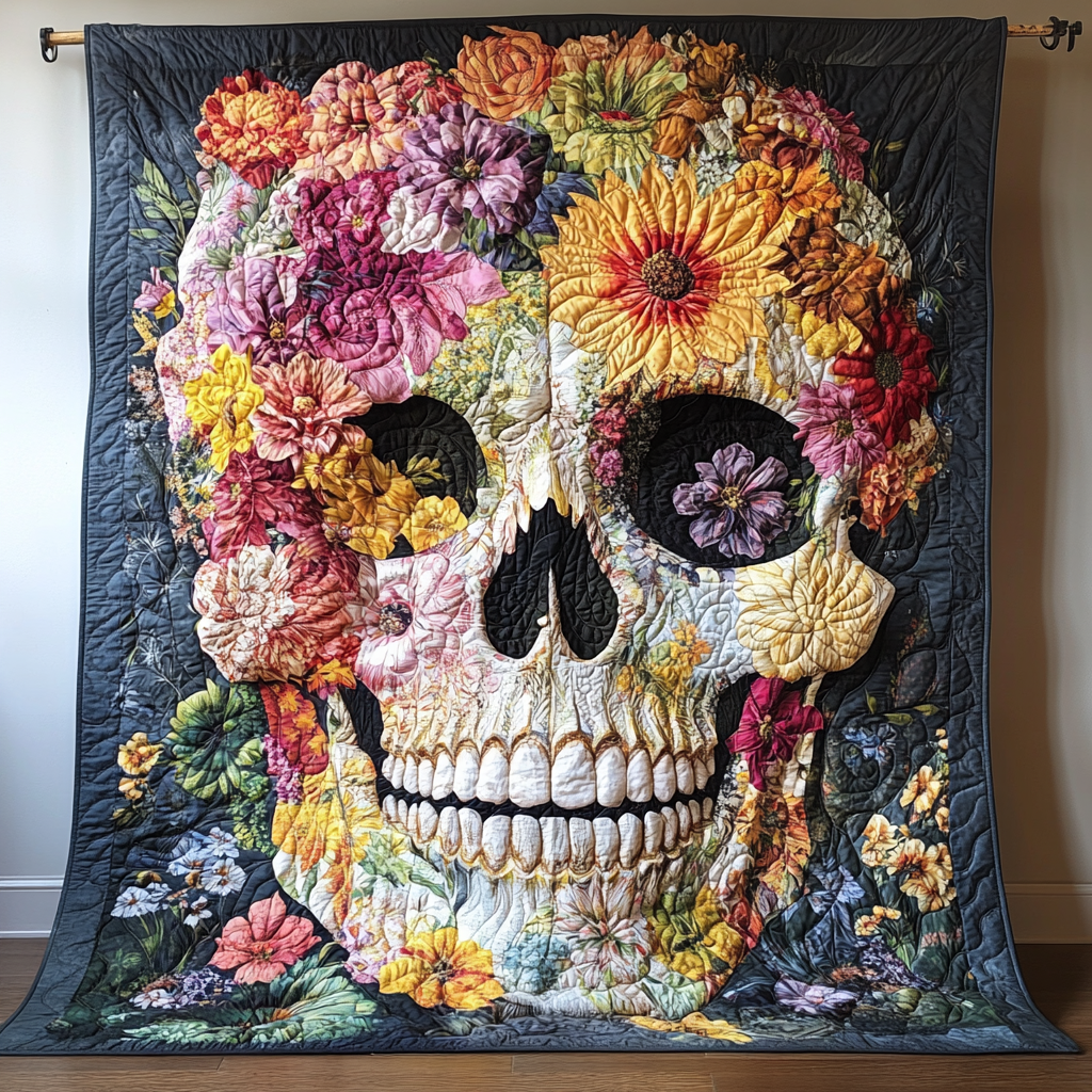 Floral Skull Smile Quilt Best Decoration Gift For Friends and Family on Halloween Day