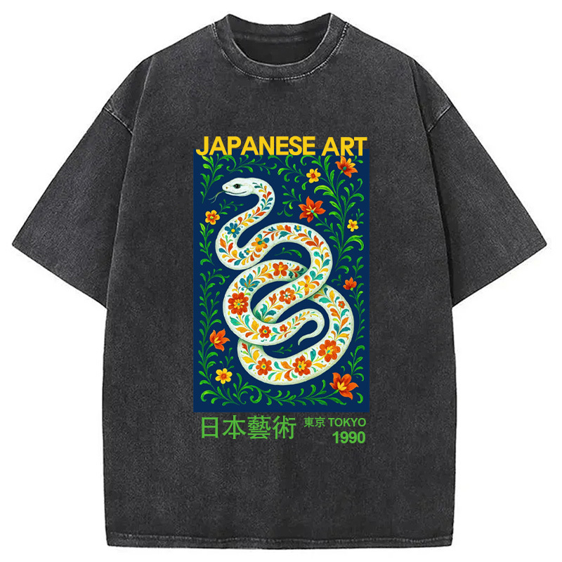 Floral Snake Japanese Art Washed T-Shirt Funny Quote Unisex Shirt Gifts For BFF