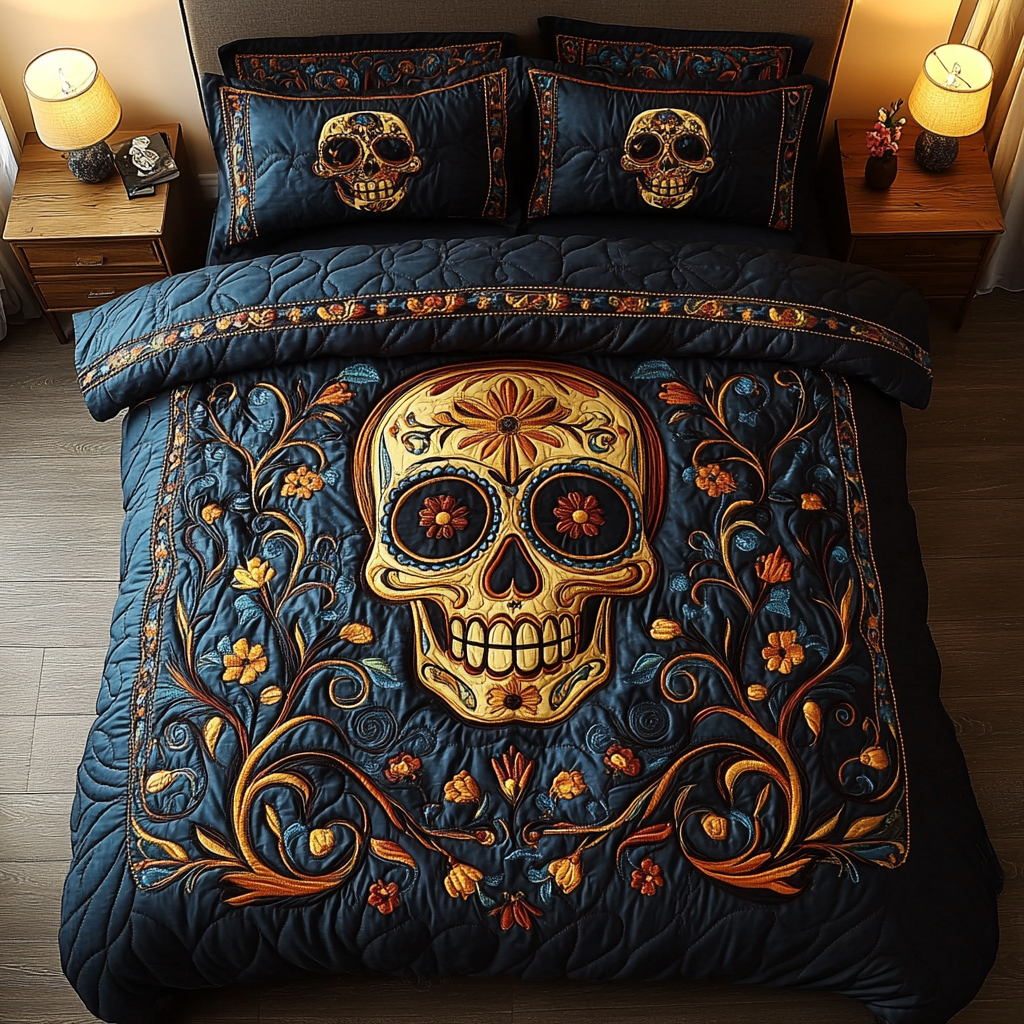Floral Spirit Quilted Bedding Set Cute Room Decor Mexican Skull Souvenirs