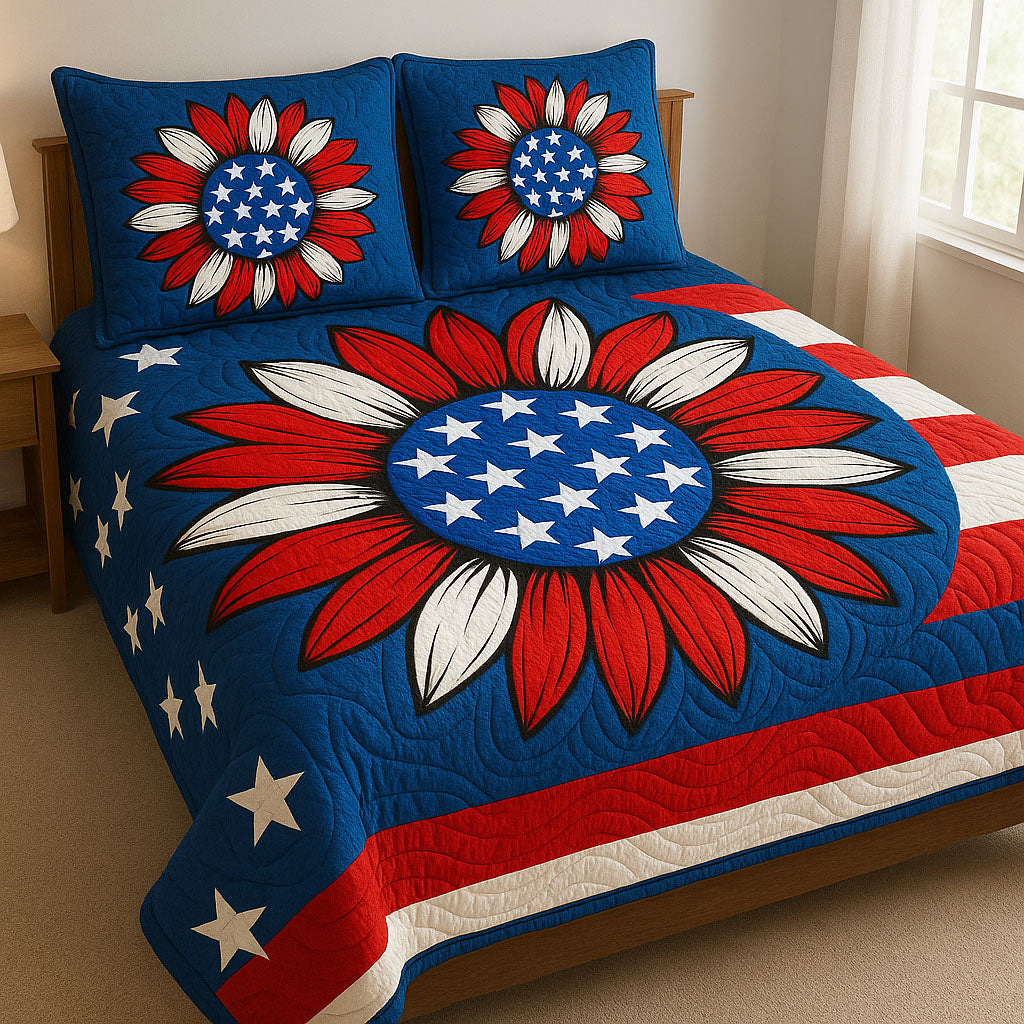 Floral Stars and Stripes Quilted Bedding Set Bed Decor Patriotic Christmas Gifts