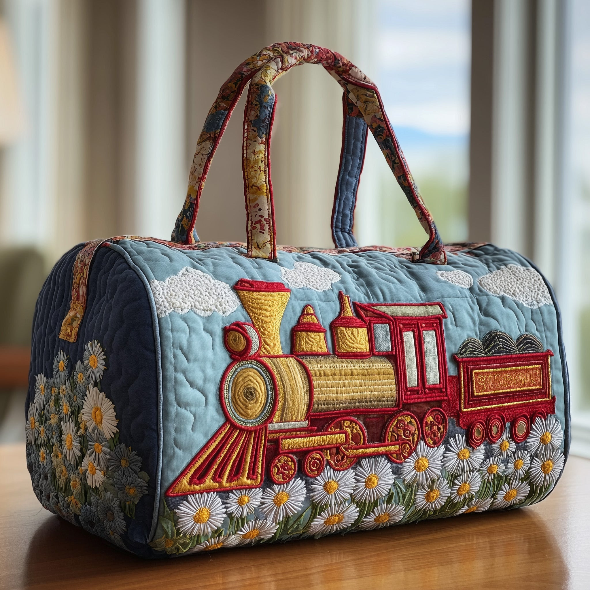 Floral Steam Train Quilted Duffle Bag Vintage Daisy Travel Bags For Women Best Train Lover Gift