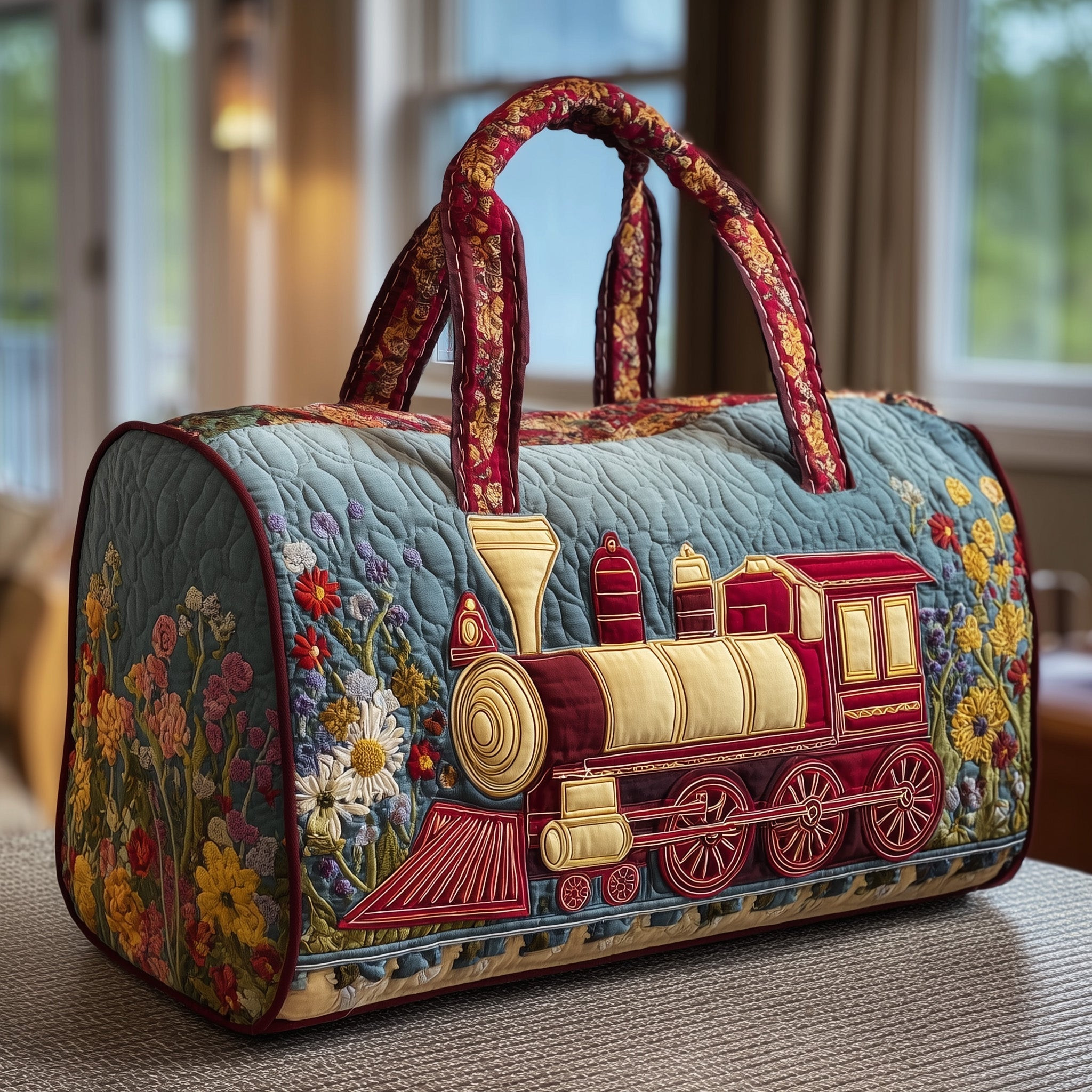 Floral Steam Train Quilted Duffle Bag Wildflower Locomotive Best Gift For Train Lovers