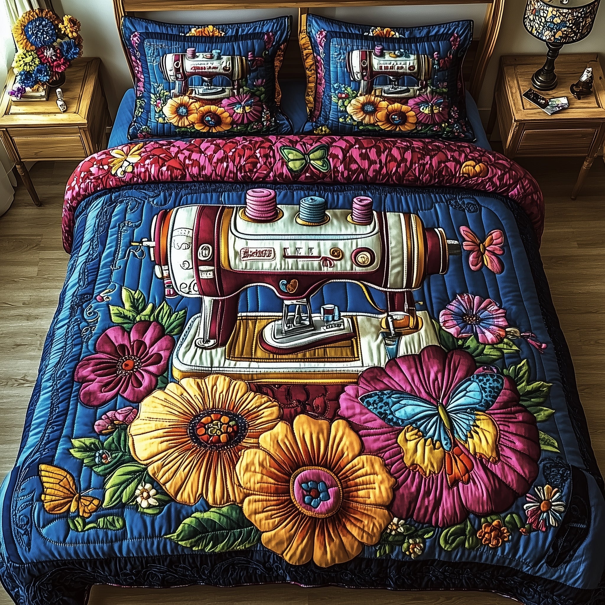 Floral Stitches Quilted Bedding Set Duvet Cover Bed Sheet Best Christmas Gifts For Sewers