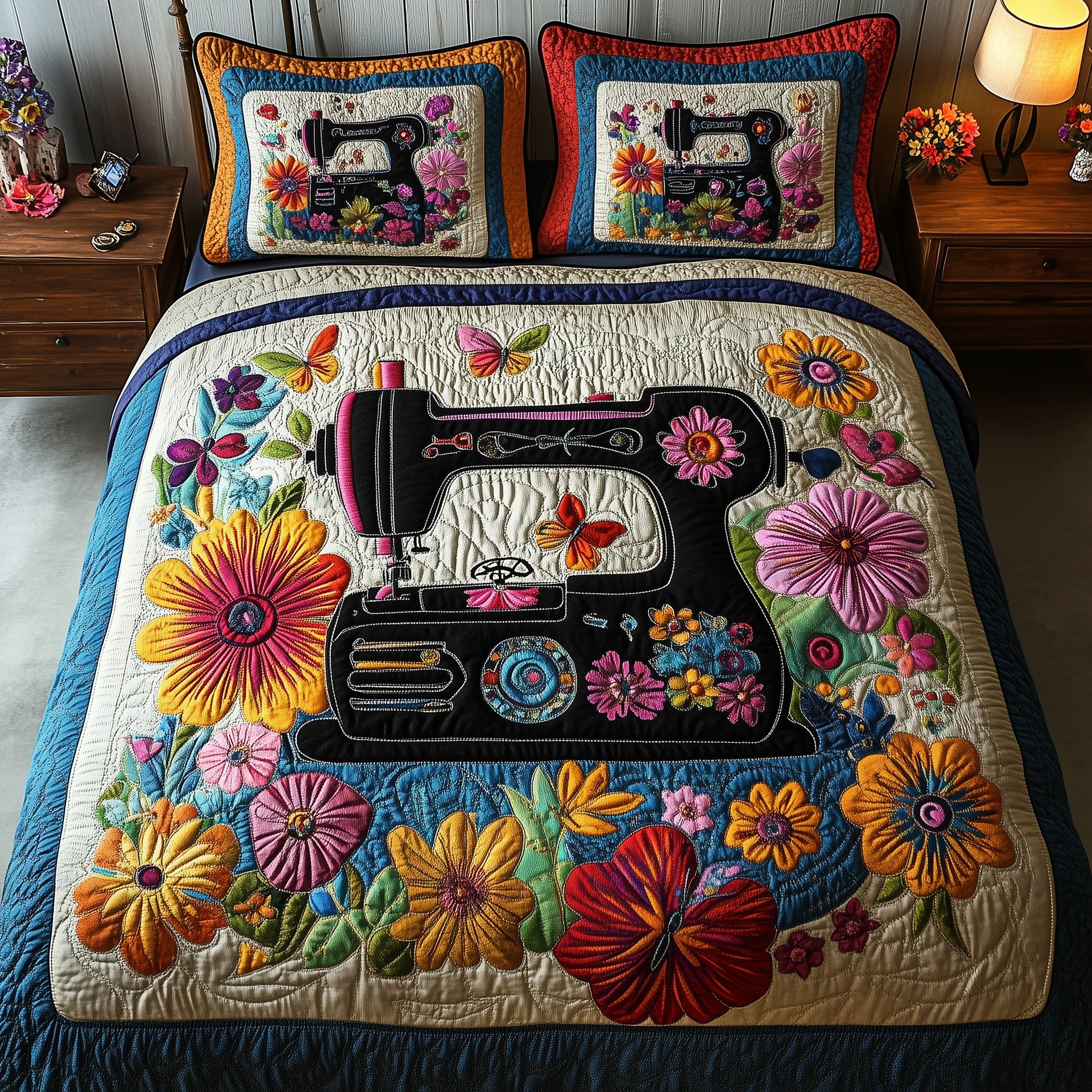 Floral Stitches Quilted Bedding Set Duvet Cover Bed Sheet Christmas Gifts For Sewers