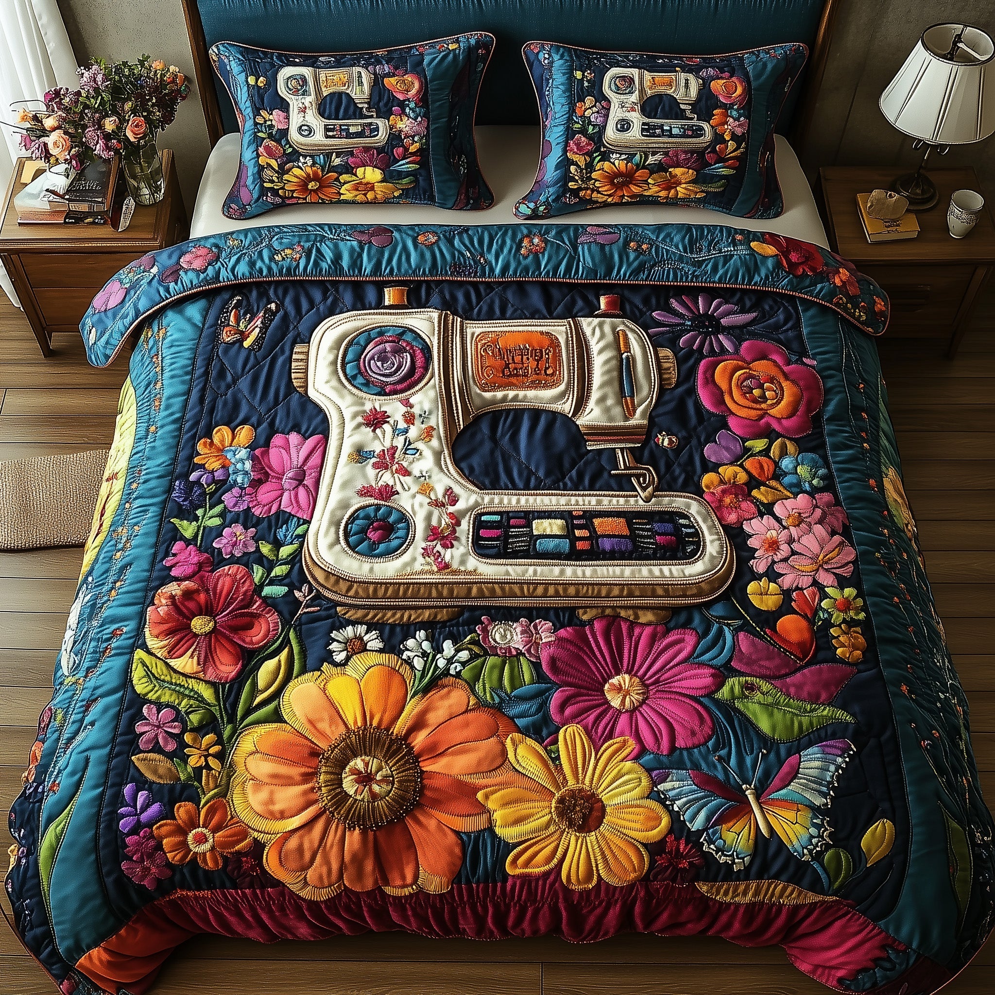 Floral Stitches Quilted Bedding Set Duvet Cover Bed Sheet Gift Ideas For Sewing Lovers