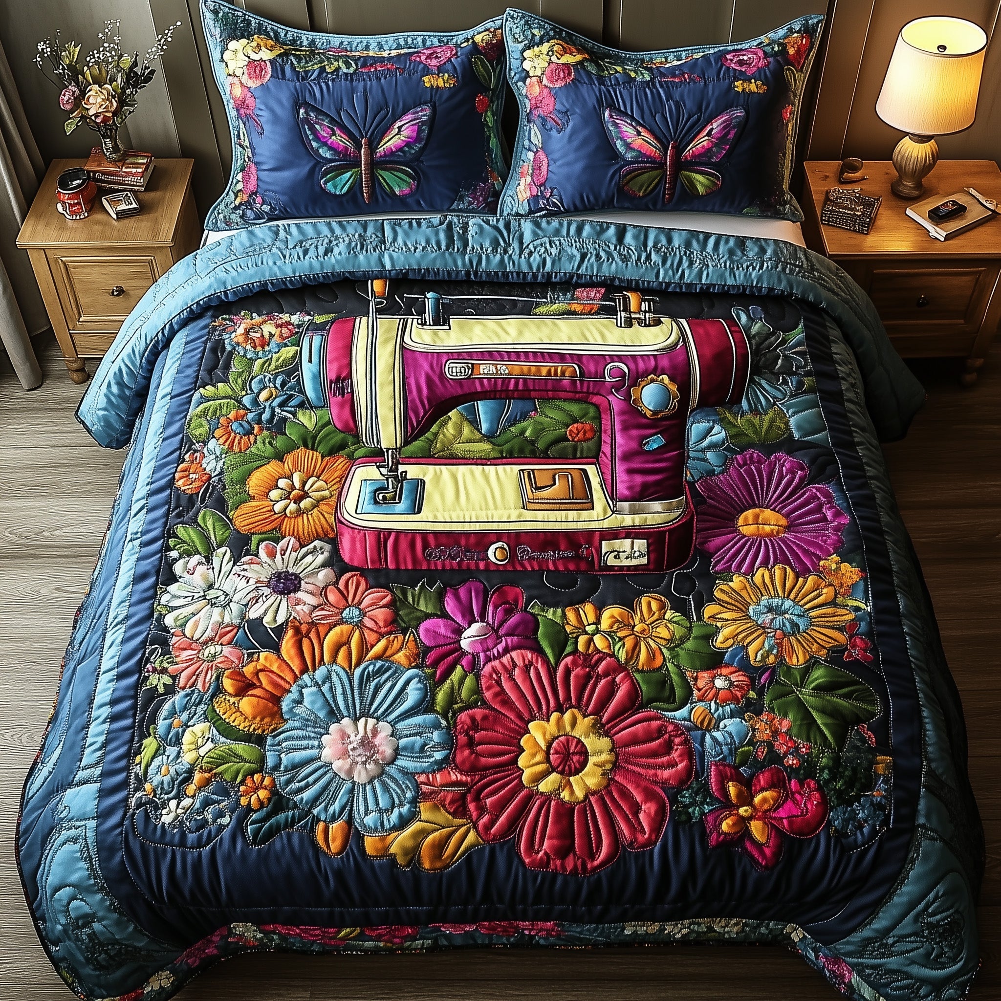 Floral Stitches Quilted Bedding Set Duvet Cover Bed Sheet Gifts For People Who Like To Sew