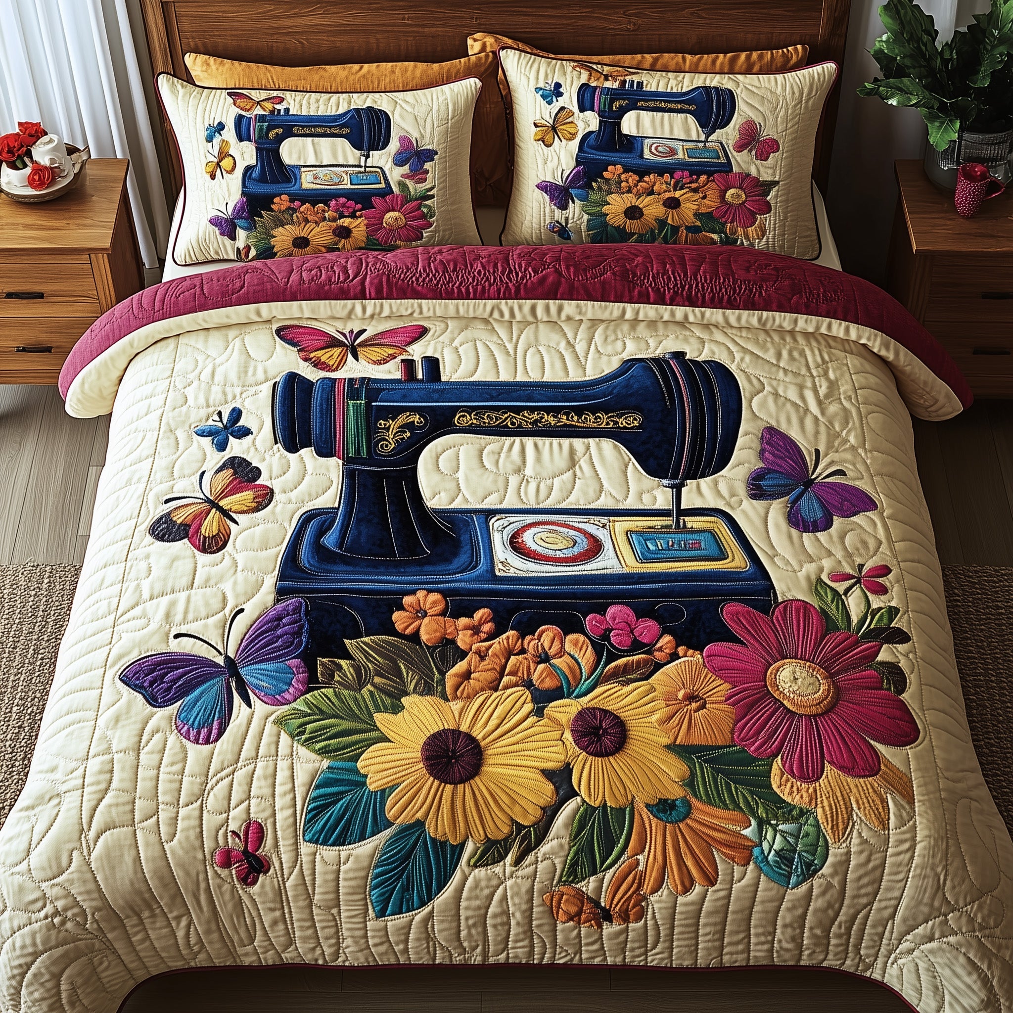 Floral Stitches Quilted Bedding Set Duvet Cover Bed Sheet Gifts For Sewing Lovers