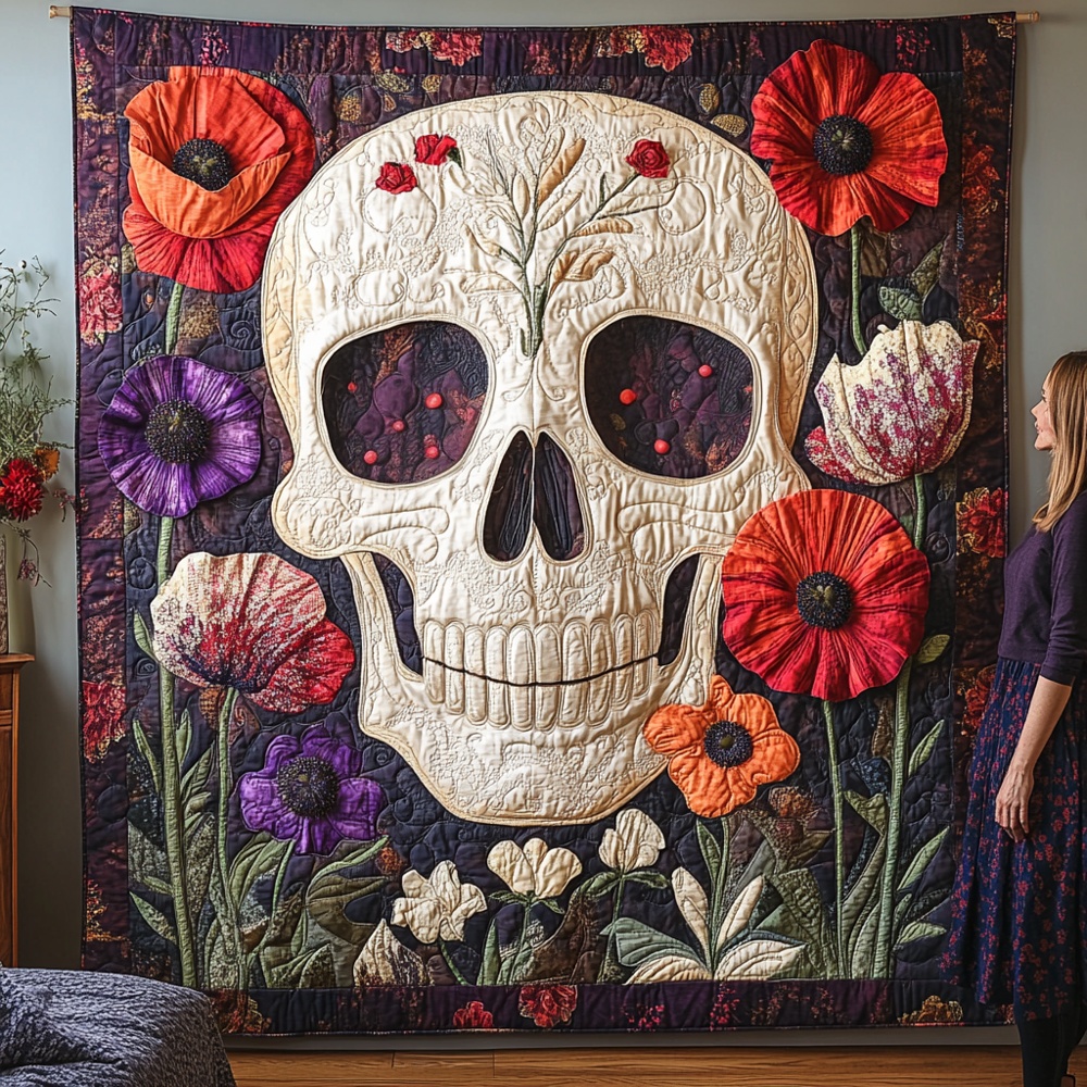 Floral Sugar Skull Quilted Blanket Day Of Dead Poppy Art Throw Best Gift For Halloween Skull Fan Decor