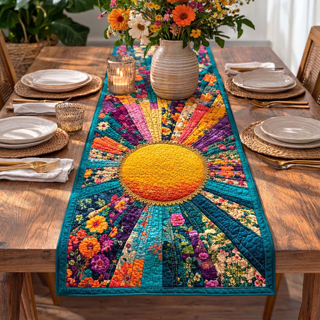 Floral Sun Quilted Table Runner Rustic Kitchen Dining Decor Gift For Cozy Family Home