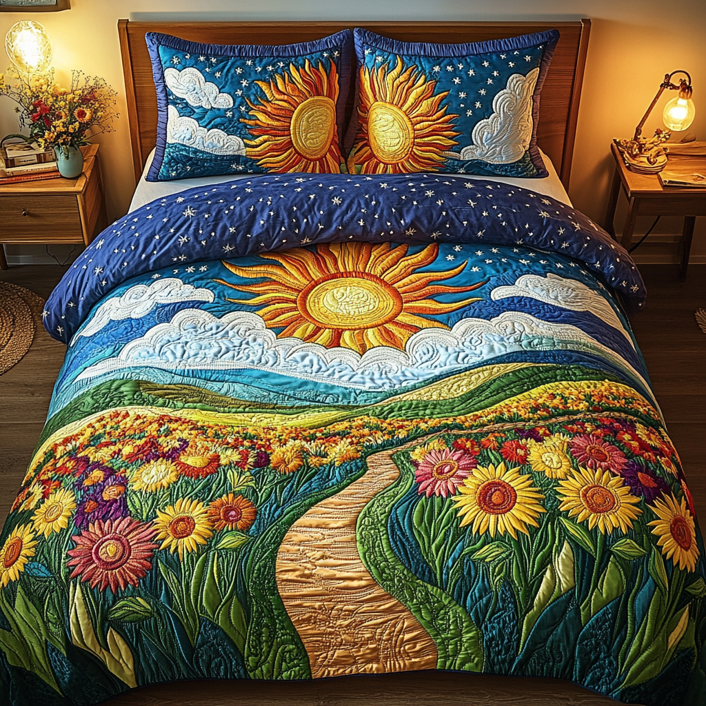 Floral Sunrise Quilted Bedding Set Warm and Breathable Bedding Set for All Seasons