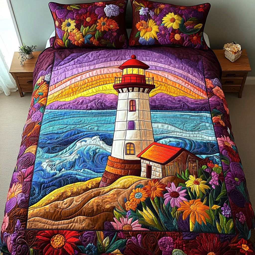 Floral Sunset Lighthouse Quilted Bedding Set Stylish Bed Sheet Set for Modern Home