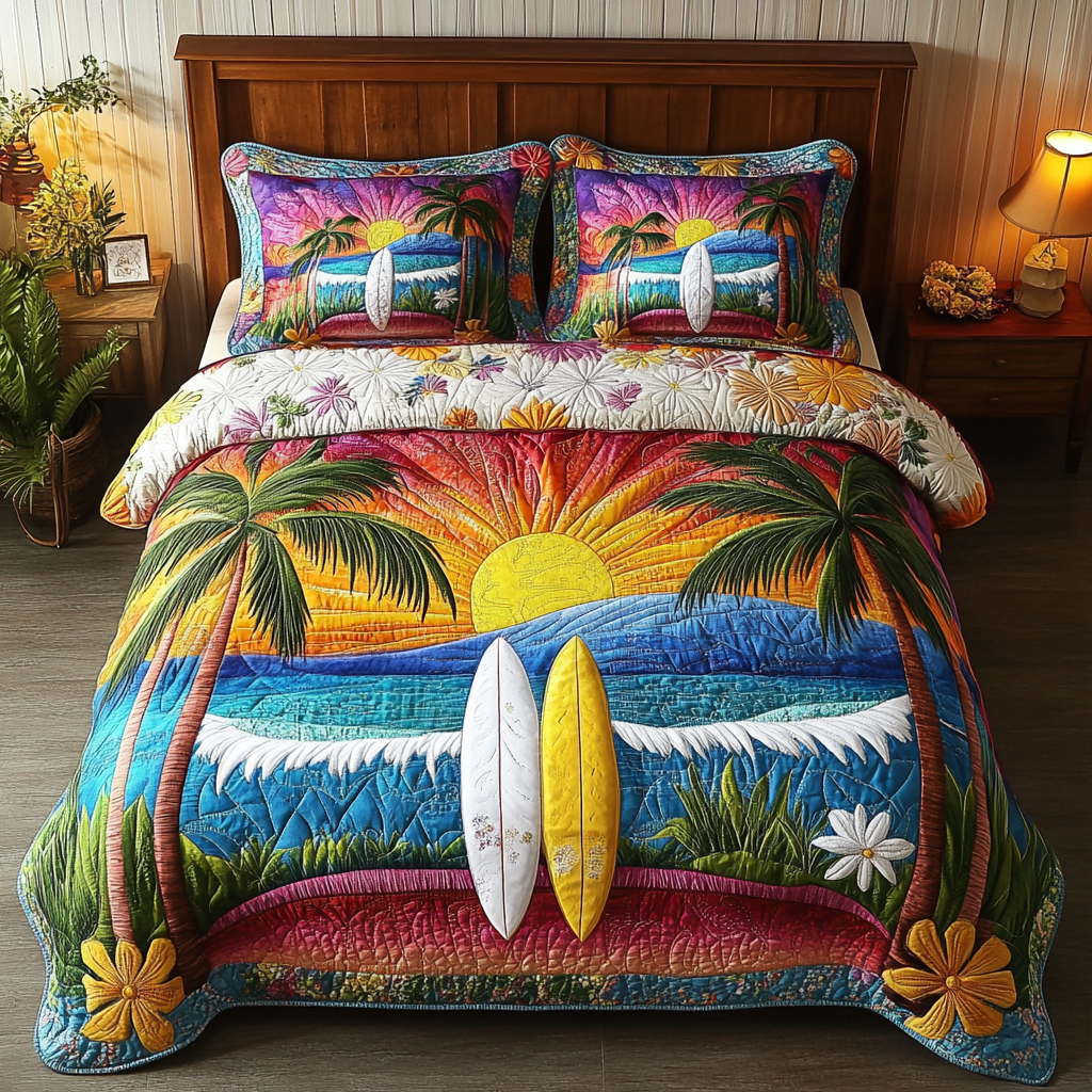 Floral Surf Quilted Bedding Set Cool Bedroom Decor Birthday Gift For Beach Lover