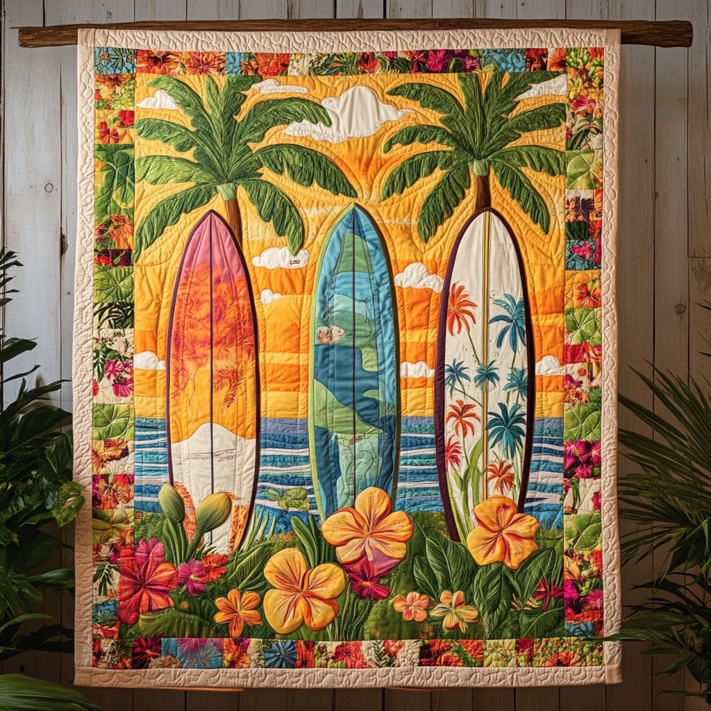 Floral Surf Vibes Quilted Blanket Cool Throw Blanket Cool Gifts For Beach Lovers