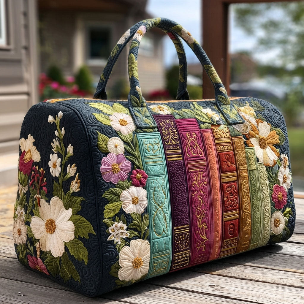 Floral Tales Quilted Duffle Bag Story Book Travel Bag Best Gift For Readers Flower Lovers Camping Fun