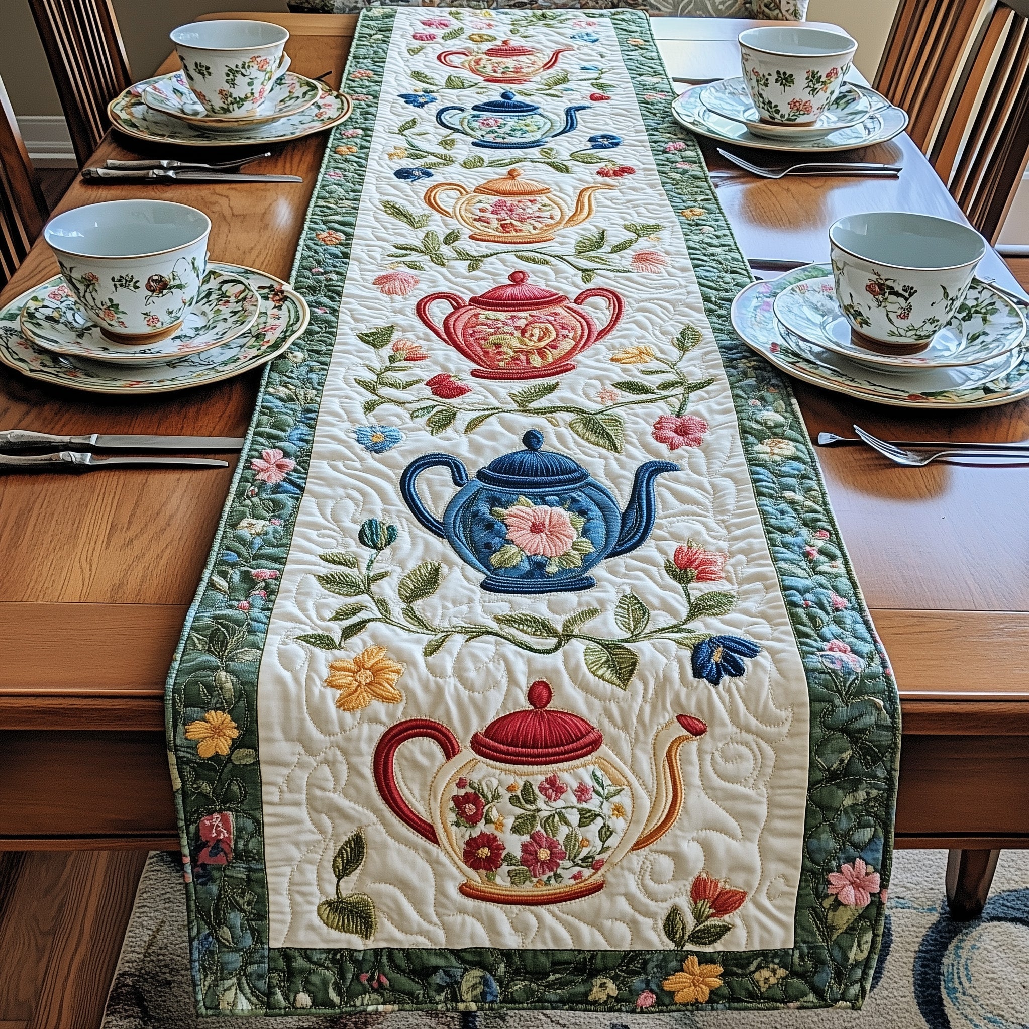 Floral Teapot Feast Quilted Table Runner Holiday Banquet Table Runner