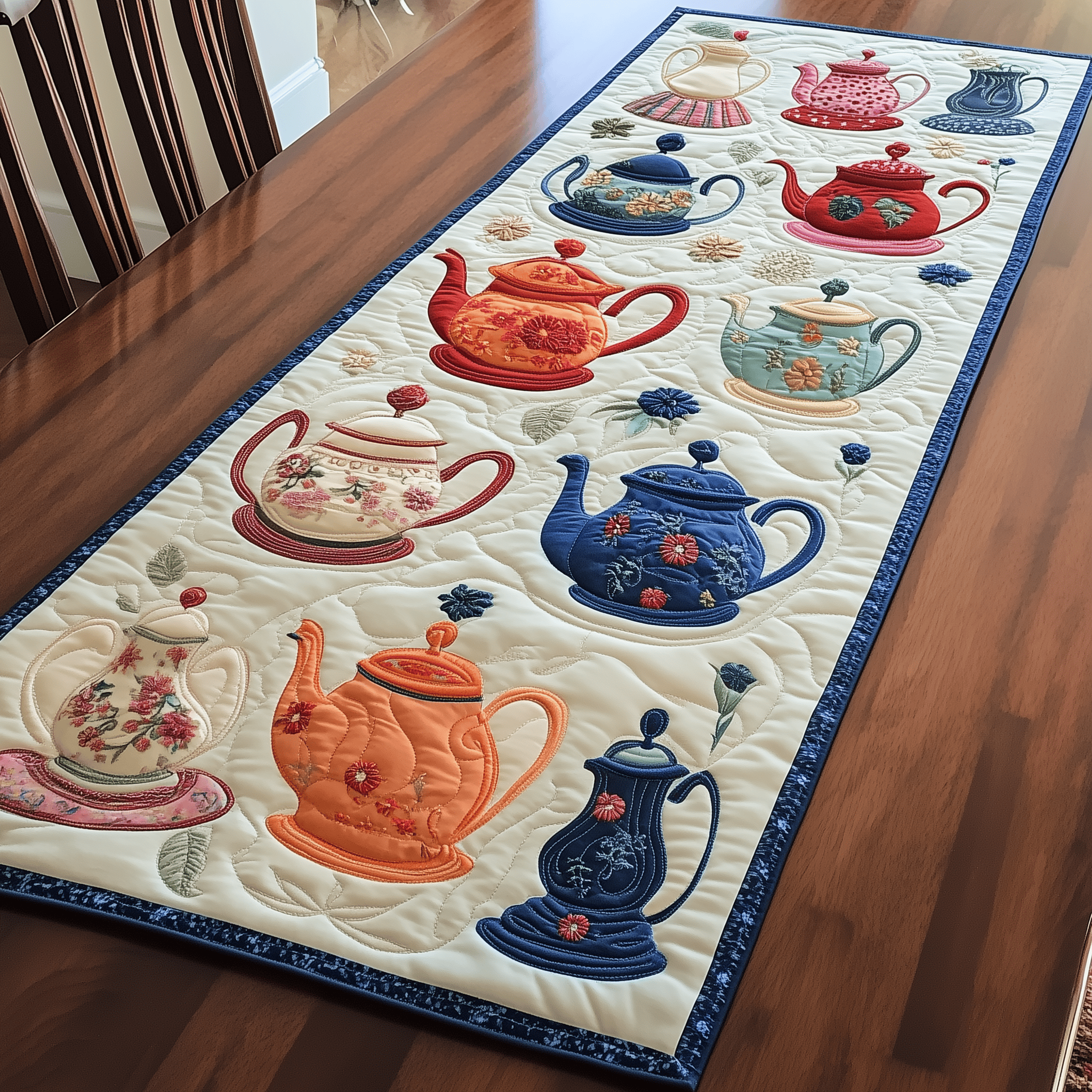 Floral Teapot Quilted Table Runner Christmas Gifts For Tea Drinkers For Women