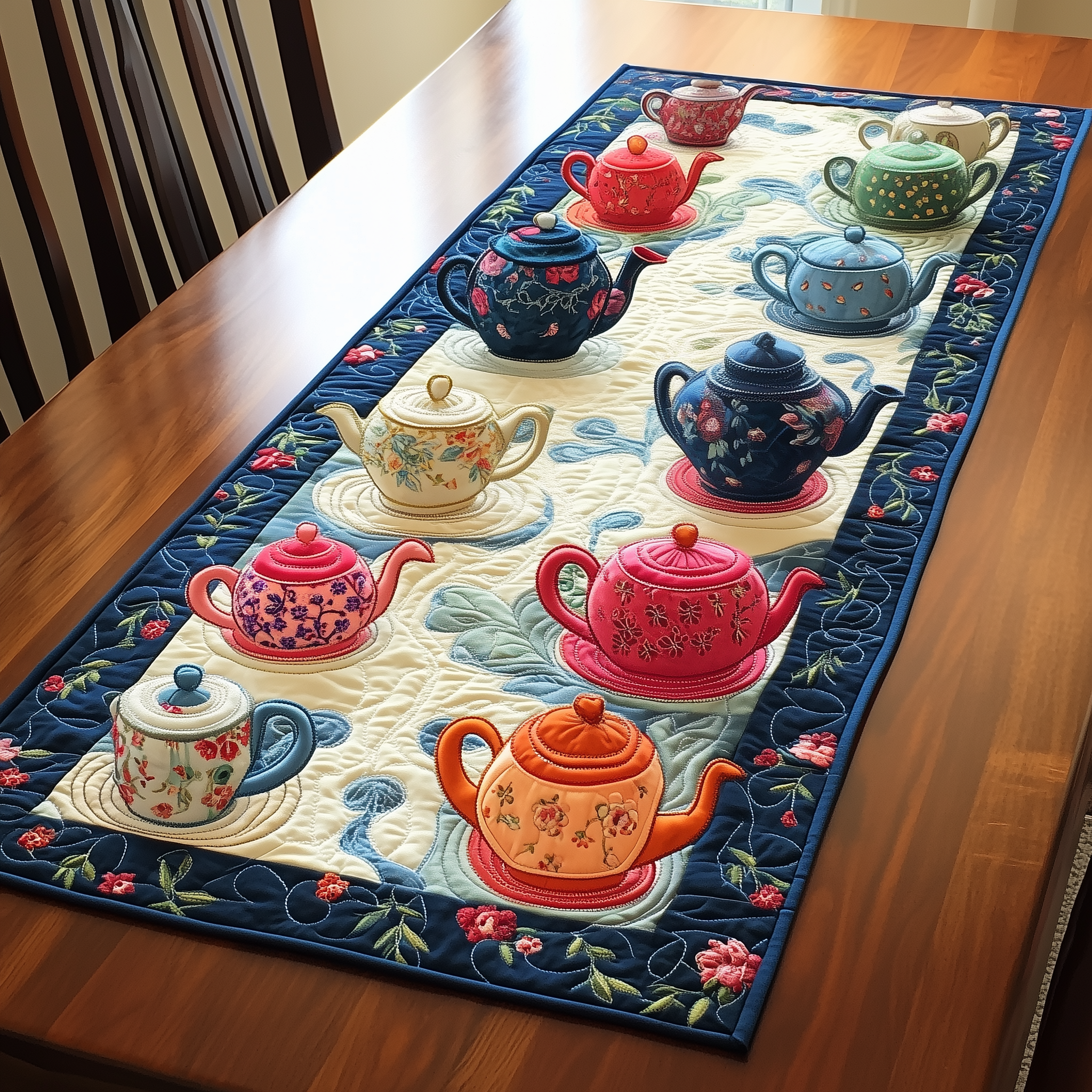 Floral Teapot Quilted Table Runner Christmas Gifts For Tea Drinkers For Women