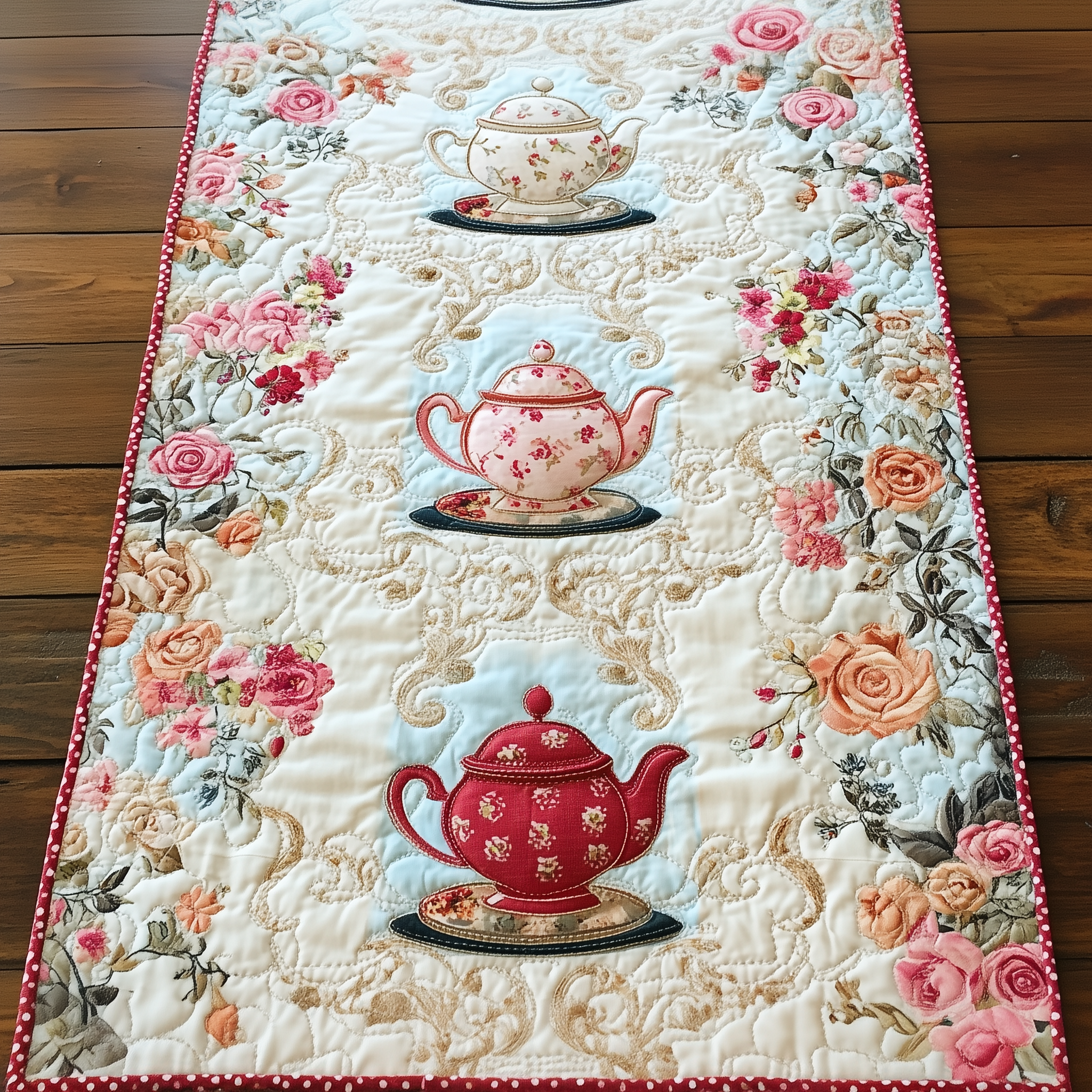 Floral Teapot Quilted Table Runner Christmas Gifts For Tea Drinkers For Women