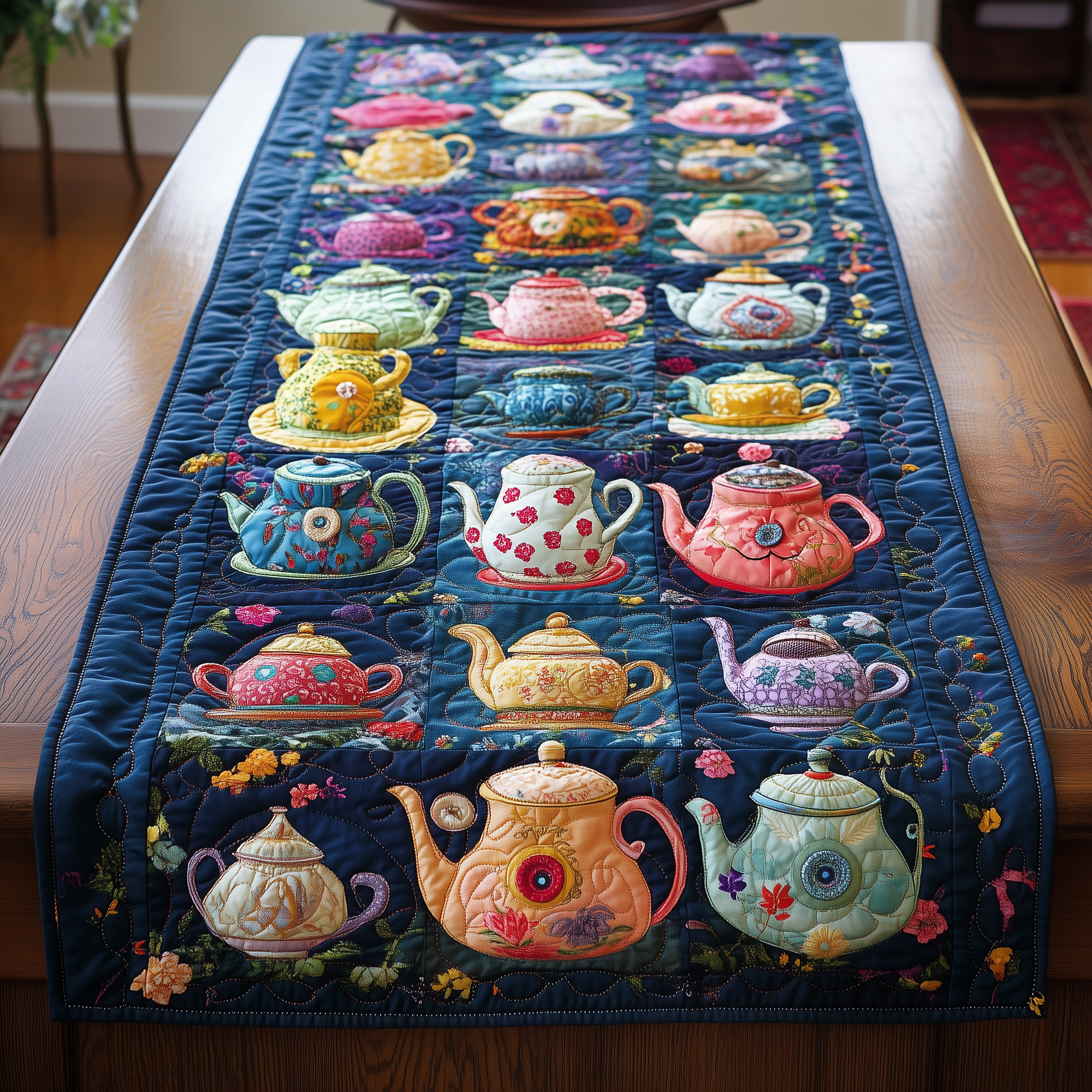 Floral Teapot Quilted Table Runner Christmas Gifts For Tea Drinkers For Women