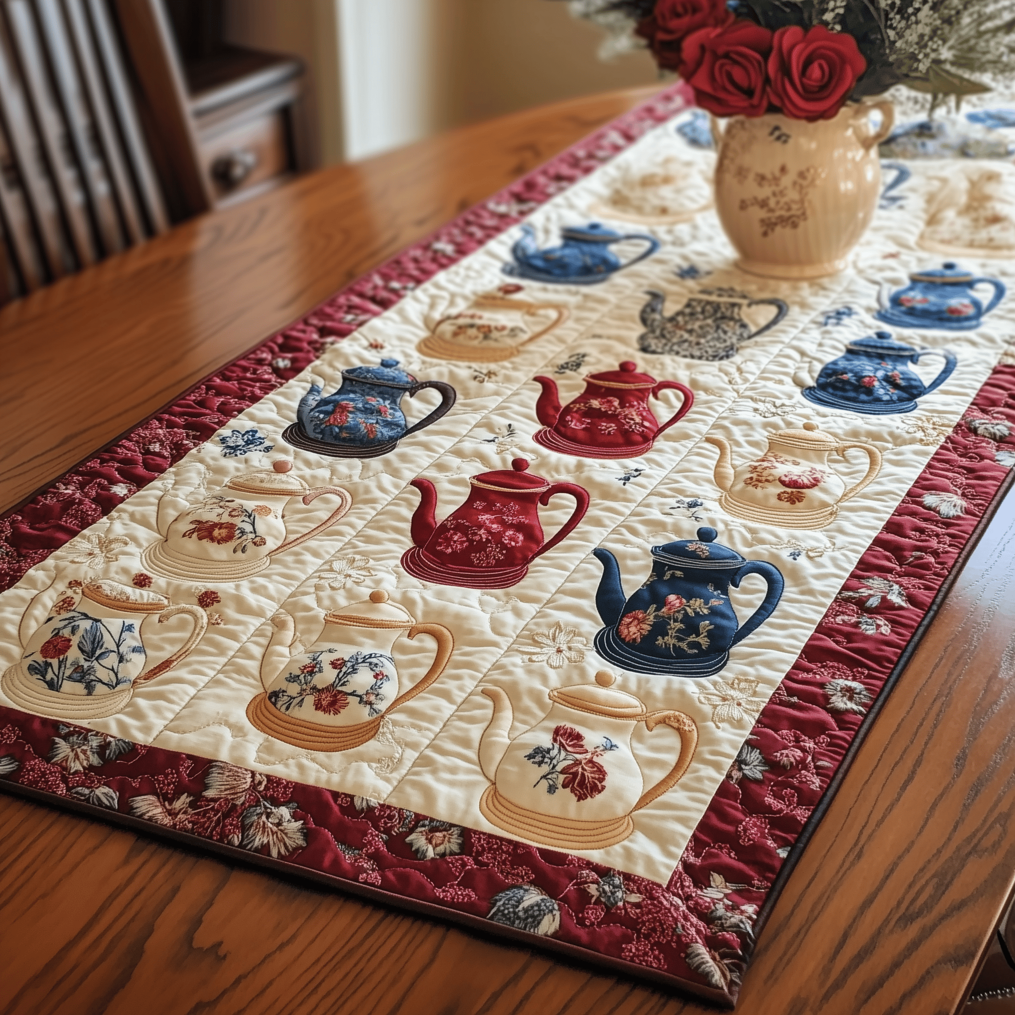 Floral Teapot Quilted Table Runner Cute Modern Table Runner Items Christmas Gifts For Tea Lovers