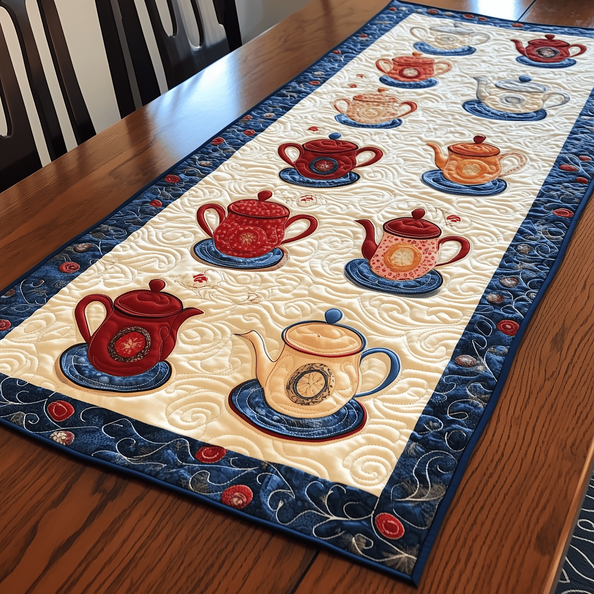 Floral Teapot Quilted Table Runner Cute Modern Table Runner Items Christmas Gifts For Tea Lovers