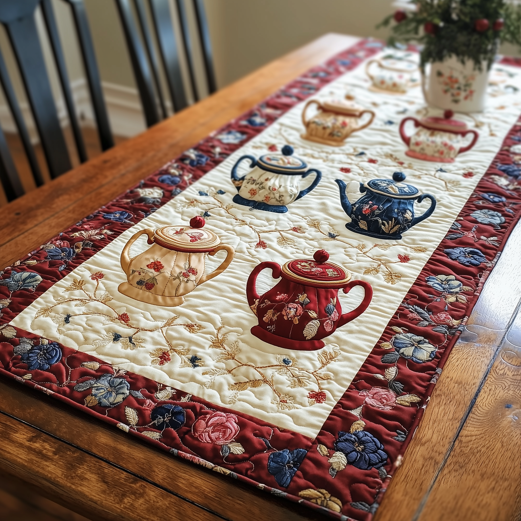 Floral Teapot Quilted Table Runner Cute Modern Table Runner Items Christmas Gifts For Tea Lovers