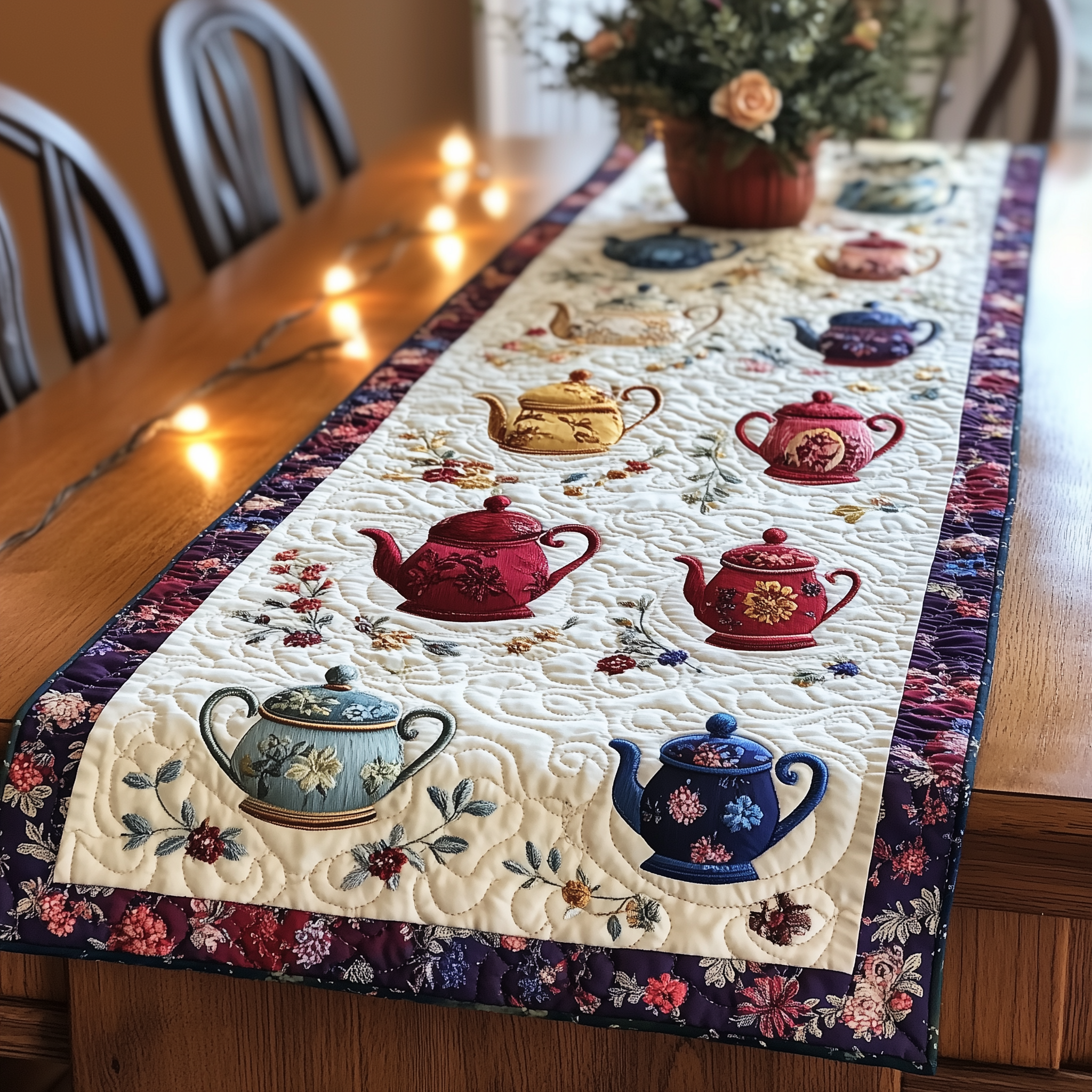 Floral Teapot Quilted Table Runner Cute Modern Table Runner Items Christmas Gifts For Tea Lovers