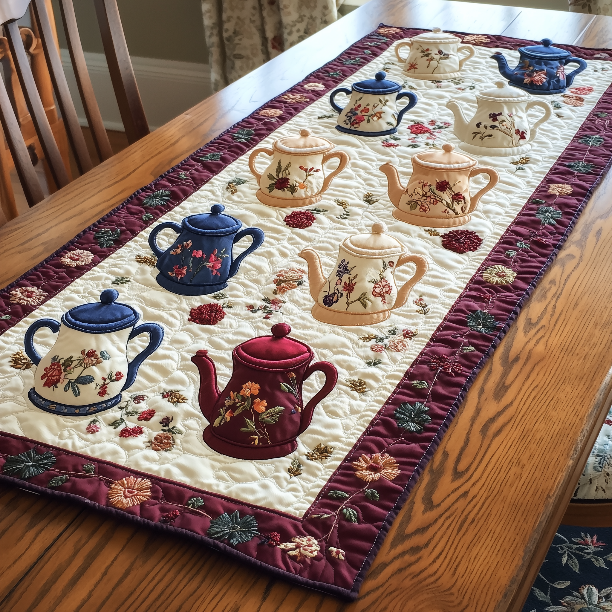 Floral Teapot Quilted Table Runner Cute Modern Table Runner Items Christmas Gifts For Tea Lovers