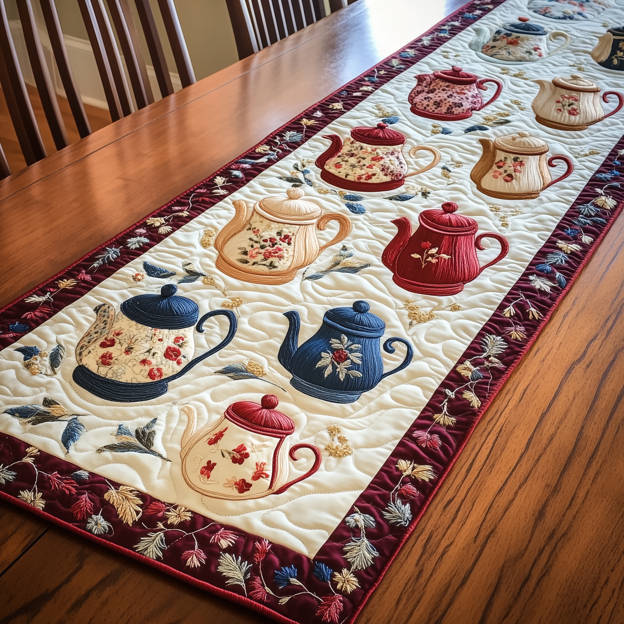 Floral Teapot Quilted Table Runner Dining Xmas Table Runner Decorations Holiday Tea Gifts