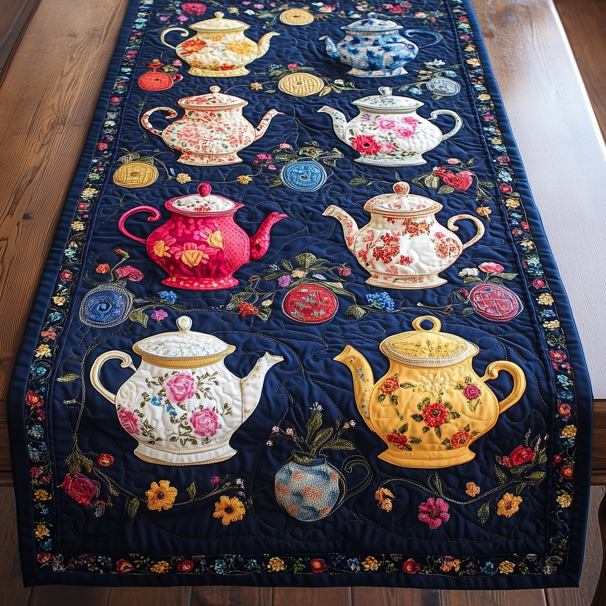 Floral Teapot Quilted Table Runner Dining Xmas Table Runner Decorations Holiday Tea Gifts