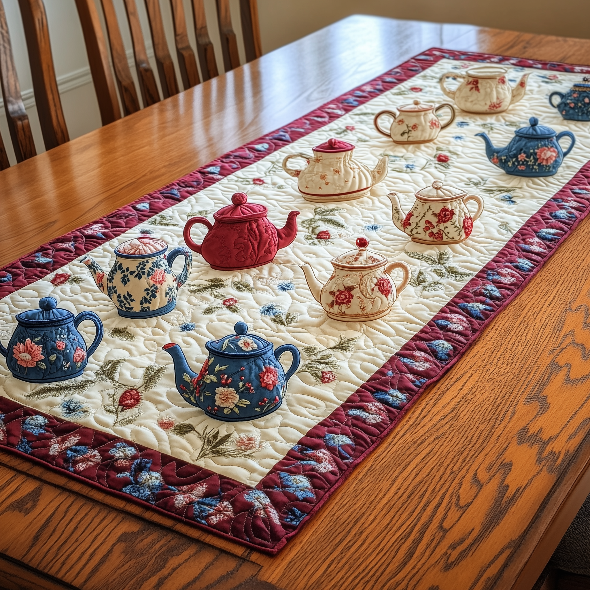 Floral Teapot Quilted Table Runner Dining Xmas Table Runner Decorations Holiday Tea Gifts