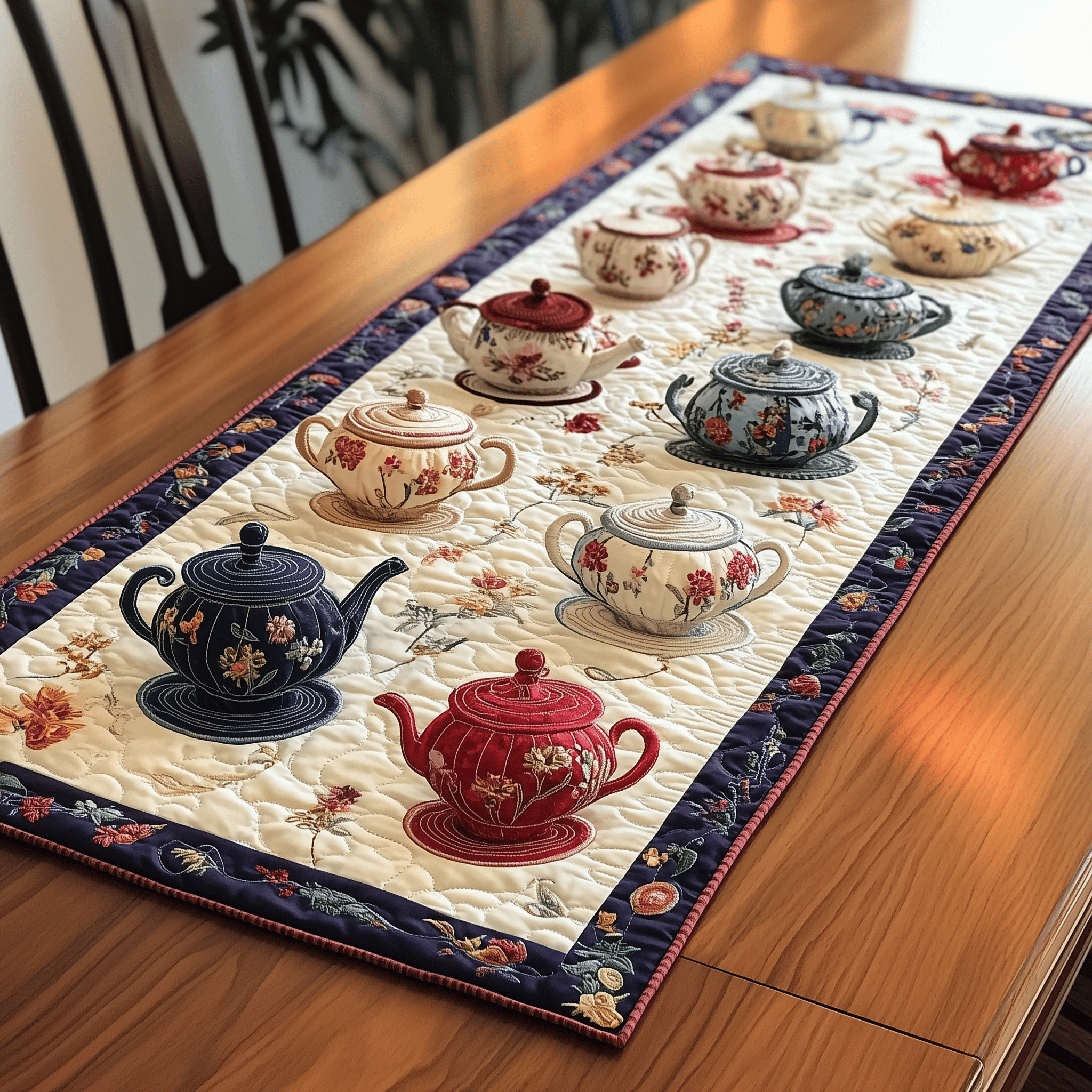Floral Teapot Quilted Table Runner Dining Xmas Table Runner Decorations Holiday Tea Gifts