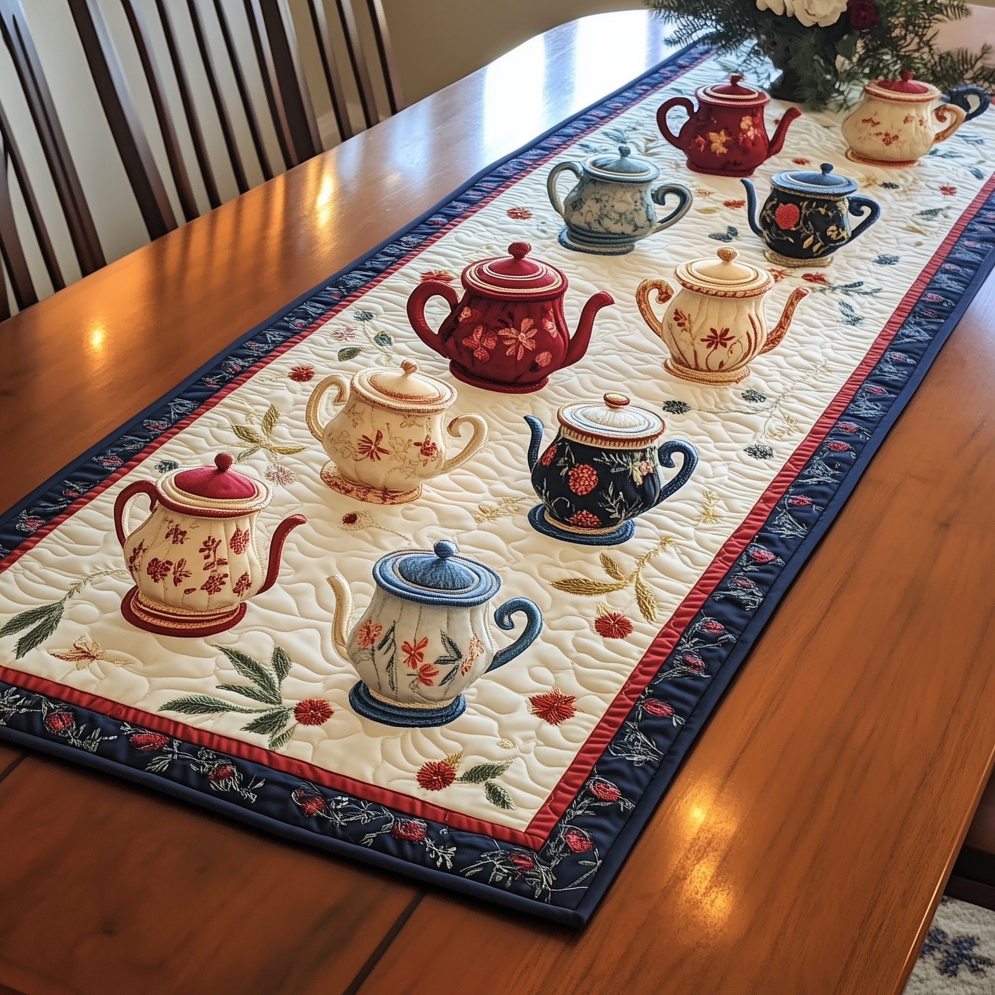 Floral Teapot Quilted Table Runner Dining Xmas Table Runner Decorations Holiday Tea Gifts