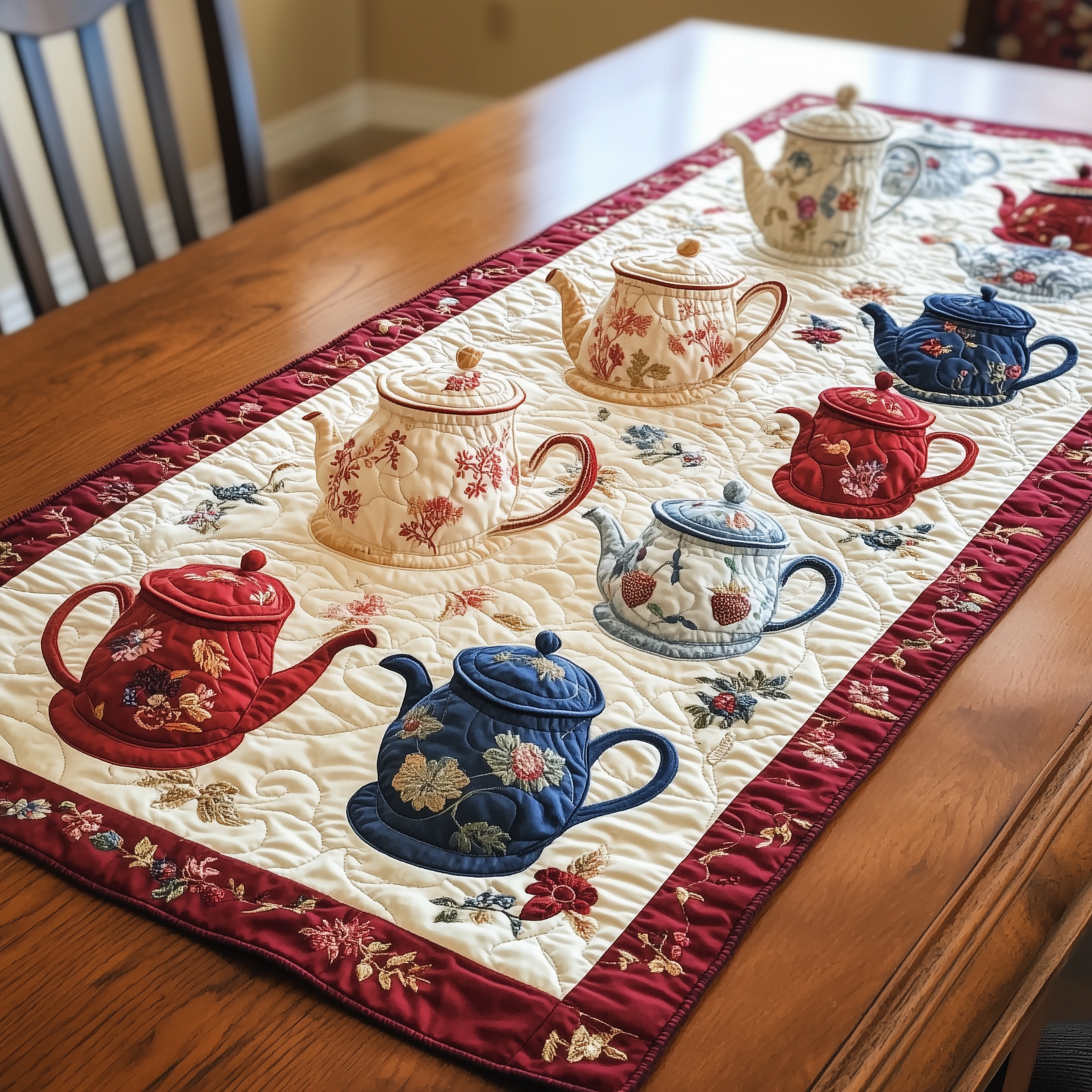 Floral Teapot Quilted Table Runner Dining Xmas Table Runner Decorations Holiday Tea Gifts