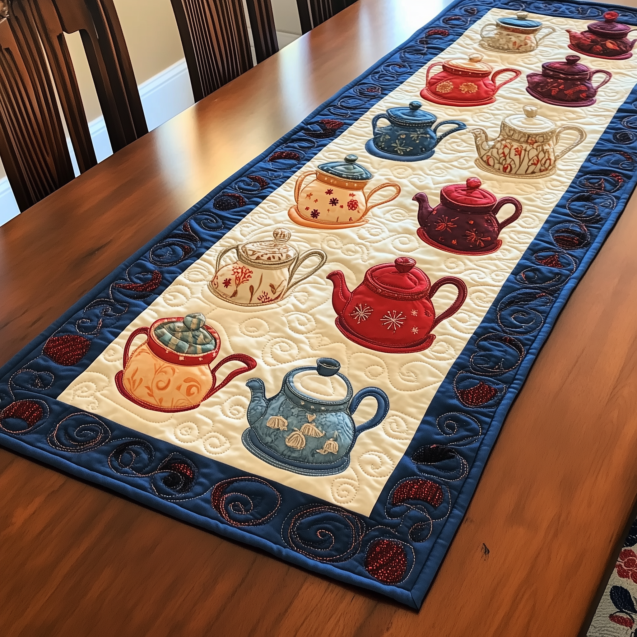 Floral Teapot Quilted Table Runner Dining Xmas Table Runner Decorations Holiday Tea Gifts