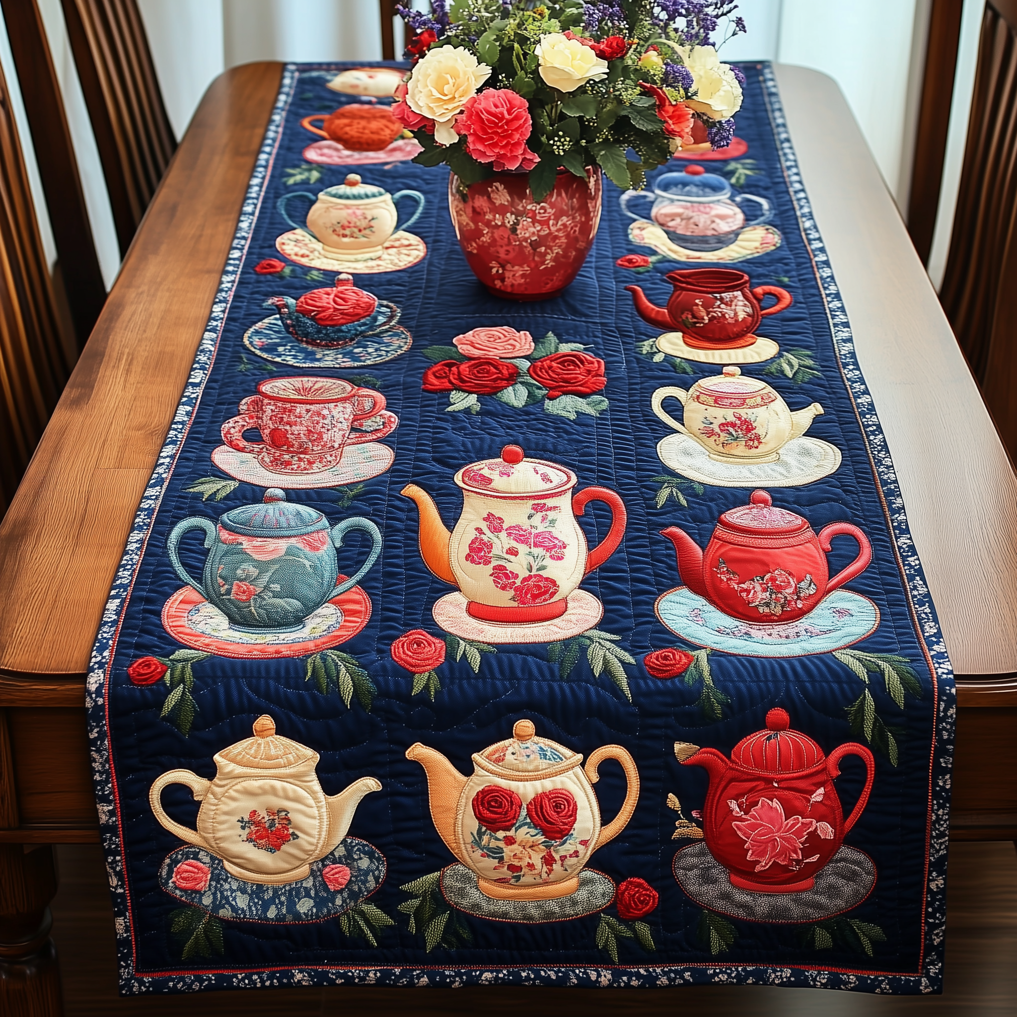 Floral Teapot Quilted Table Runner Indoor Decorations Christmas Presents For Tea Lovers