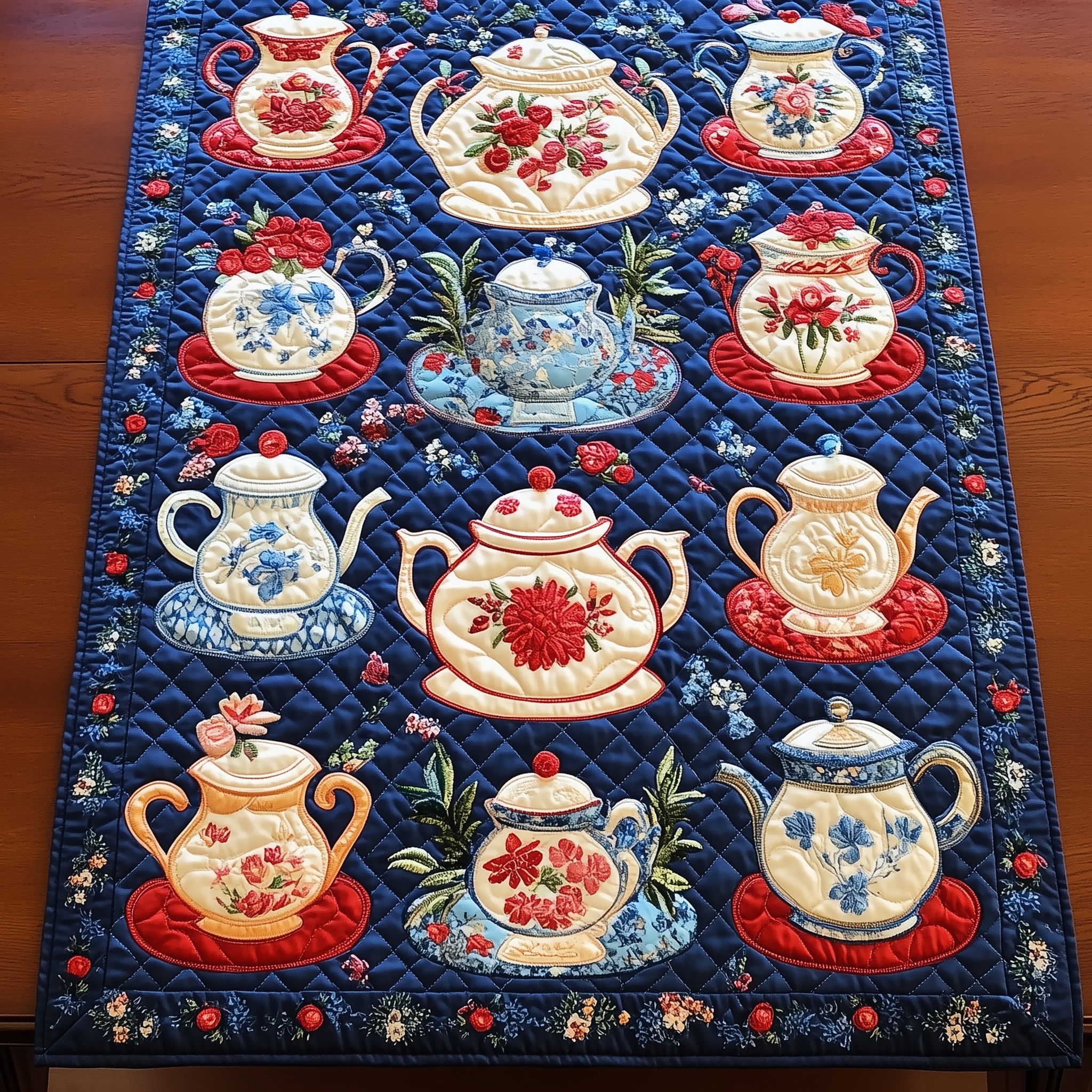 Floral Teapot Quilted Table Runner Themed Christmas Gifts For Tea Drinkers Lover