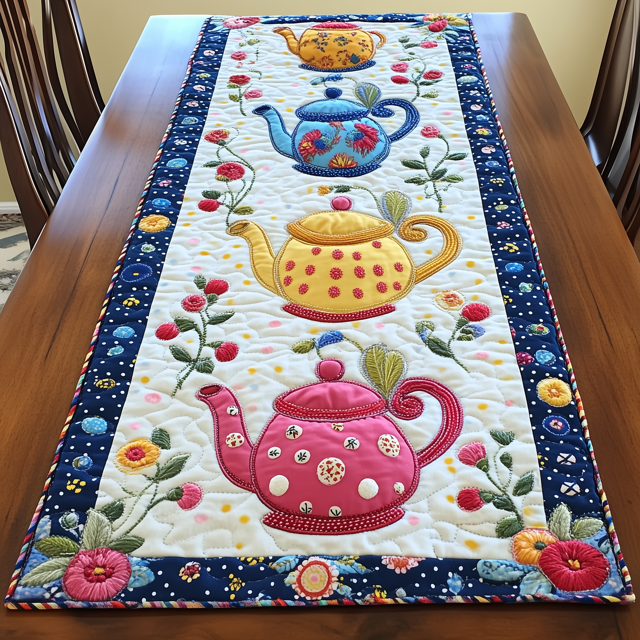 Floral Teapot Quilted Table Runner Themed Christmas Gifts For Tea Drinkers Lover