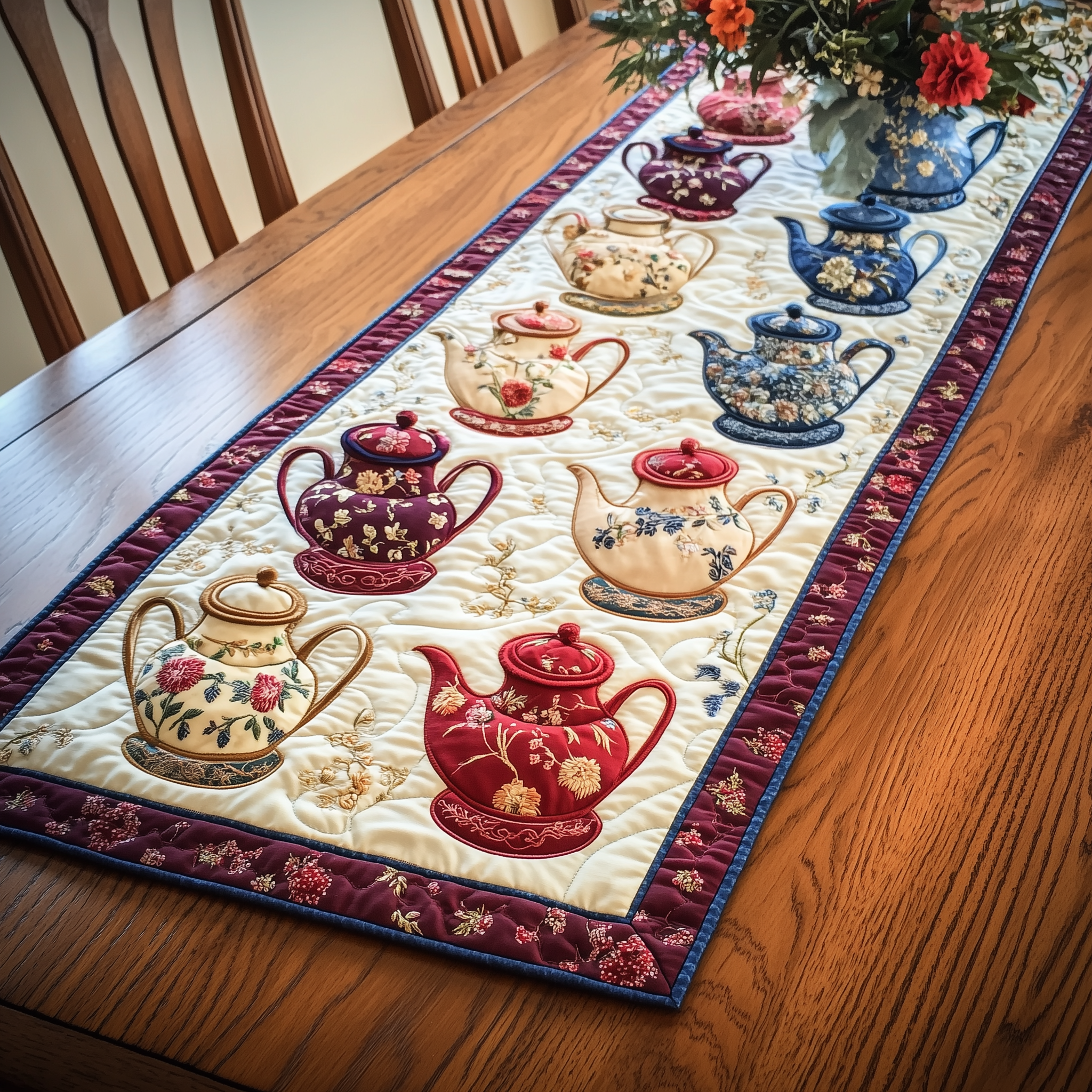 Floral Teapot Quilted Table Runner Themed Decorations Christmas Gift Item For Tea Lovers