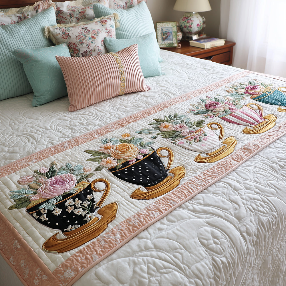 Floral Teapot Waltz Quilted Bed Runner Aesthetic Room Decor Holiday Tea Gifts