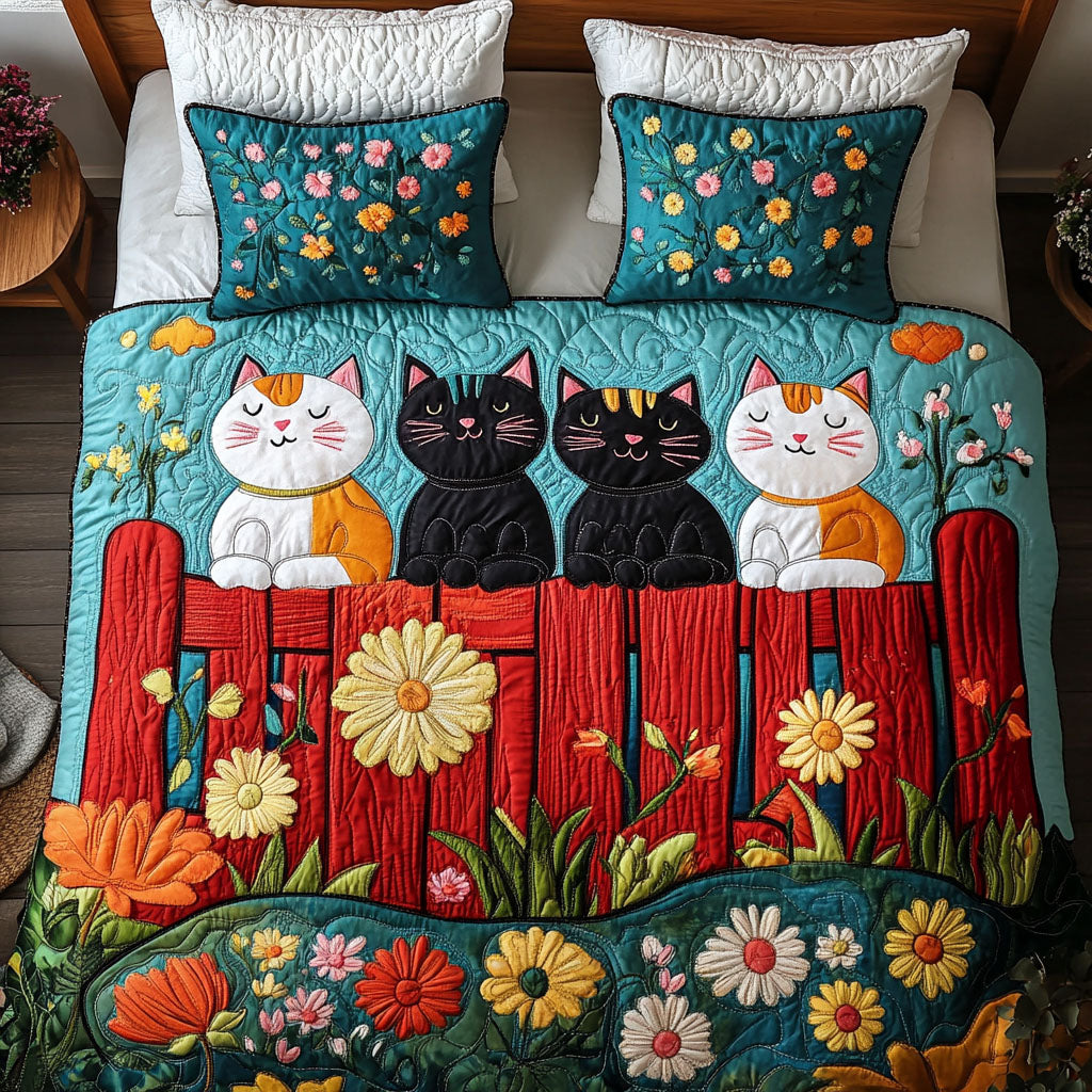 Floral Trio Cats Quilted Bedding Set Duvet Cover Bed Sheet Set Present Ideas For Cat Lovers