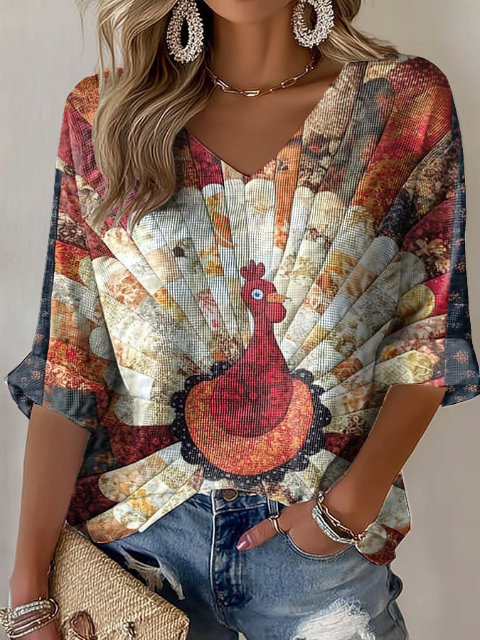 Floral Turkey Thanksgiving V-Neck Long Sleeve Thanksgiving Merch Unique Gifts Ideas