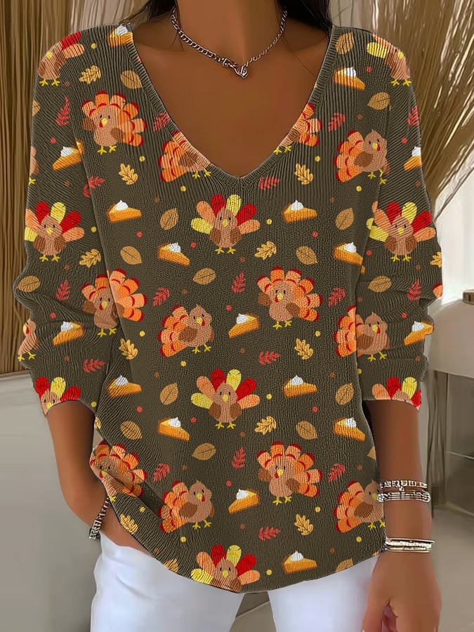 Floral Turley Thanksgiving V-Neck Long Sleeve Shirt Unique Turkey Day Merch Gifts For Her
