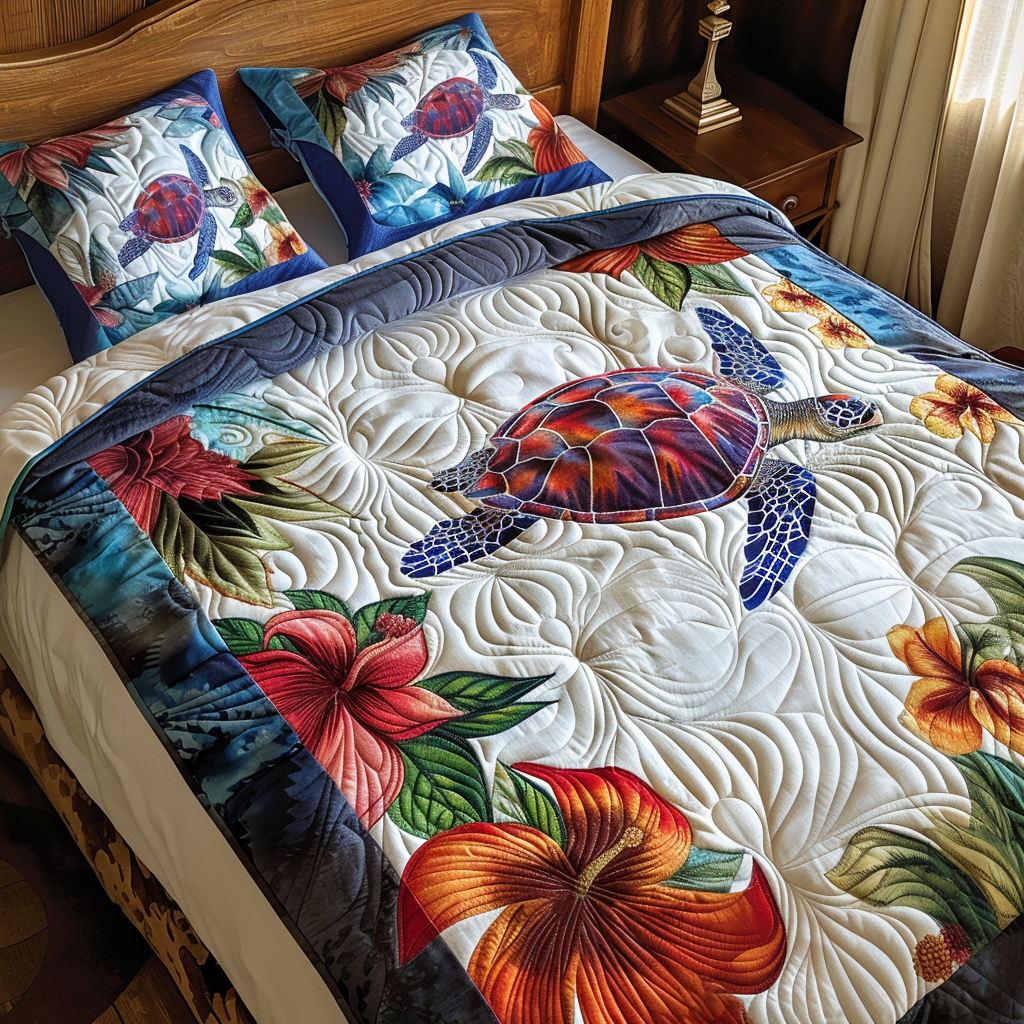 Floral Turtle Quilted Bedding Set Beautiful Bedding Merch Gift for a Peaceful Sleep