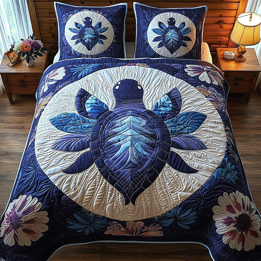 Floral Turtle Quilted Bedding Set Comfortable Microfiber Bedding Set for Everyday Use