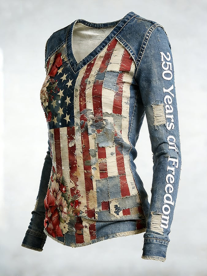 Floral USA Flag Patchwork Design Long Sleeve V-Neck T-Shirt 250Th Anniversary Patriot Merch