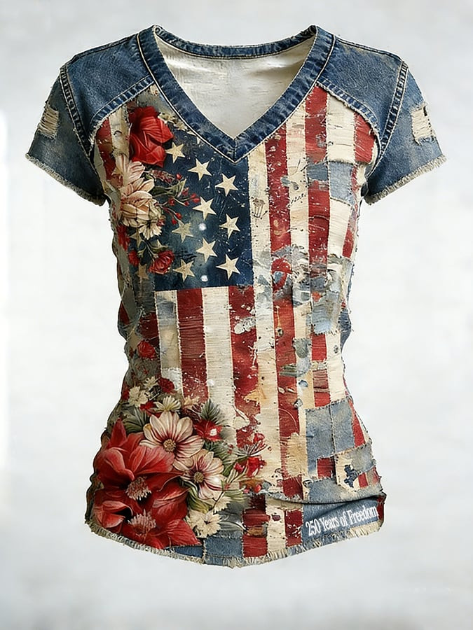 Floral USA Flag Patchwork Design V-Neck T-Shirt America 250Th Anniversary Patriot Merch