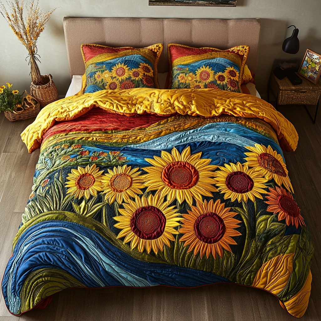 Floral Waves Quilted Bedding Set Bed Decorations Gifts For Sunflower Lovers